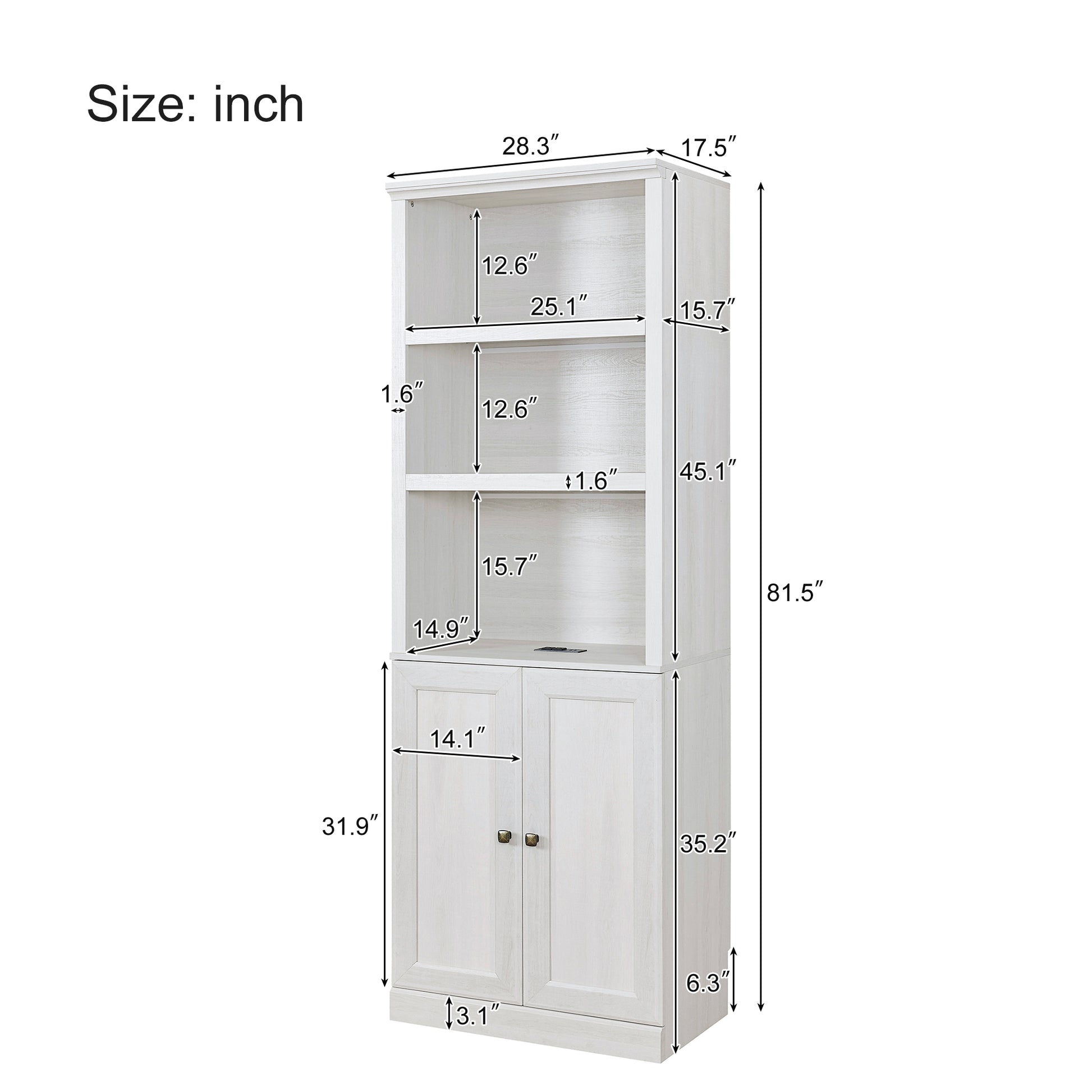 1 Doors Bookshelf With Usb Port And 3 Open Shelves Bookcase Side Cabinet Storage Shelves, Rustic White Rustic White Pine