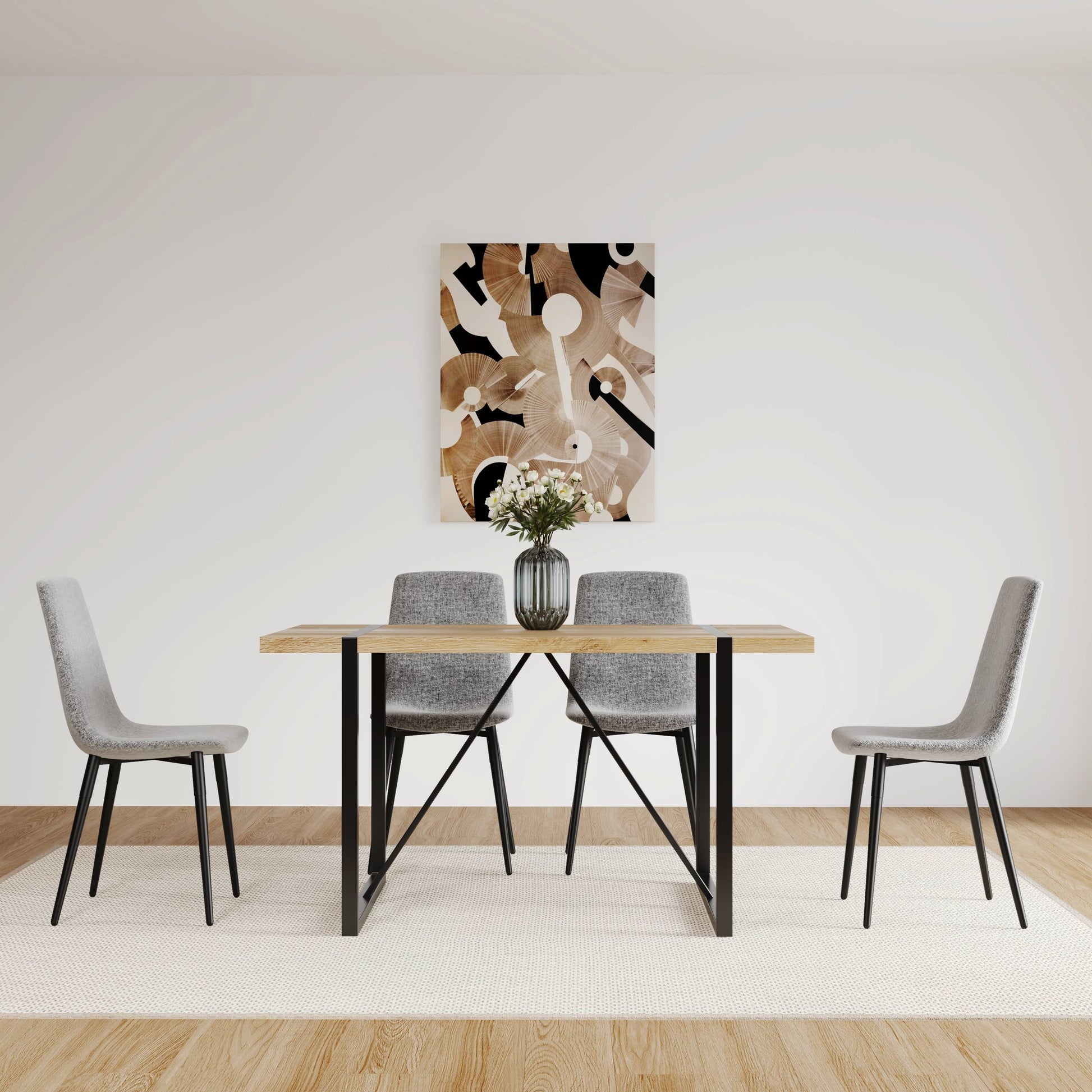 Mdf Wood Colour Dining Table Set Of 4 And Modern Dining Chairsmid Century Wooden Kitchen Table Set, Metal Base & Legs, Dining Room Table And Linen Chairs Natural Wood Mdf