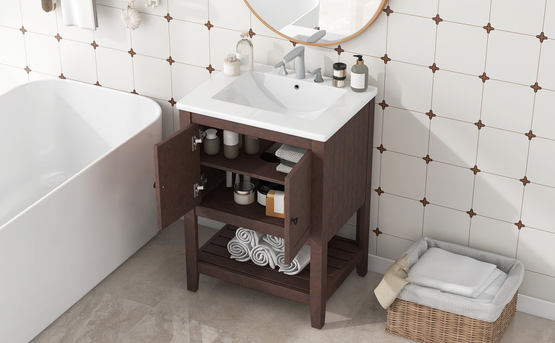 Video 24" Brown Modern Sleek Bathroom Vanity Elegant Ceramic Sink With Solid Wood Frame Open Style Shelf Brown Solid Wood Mdf