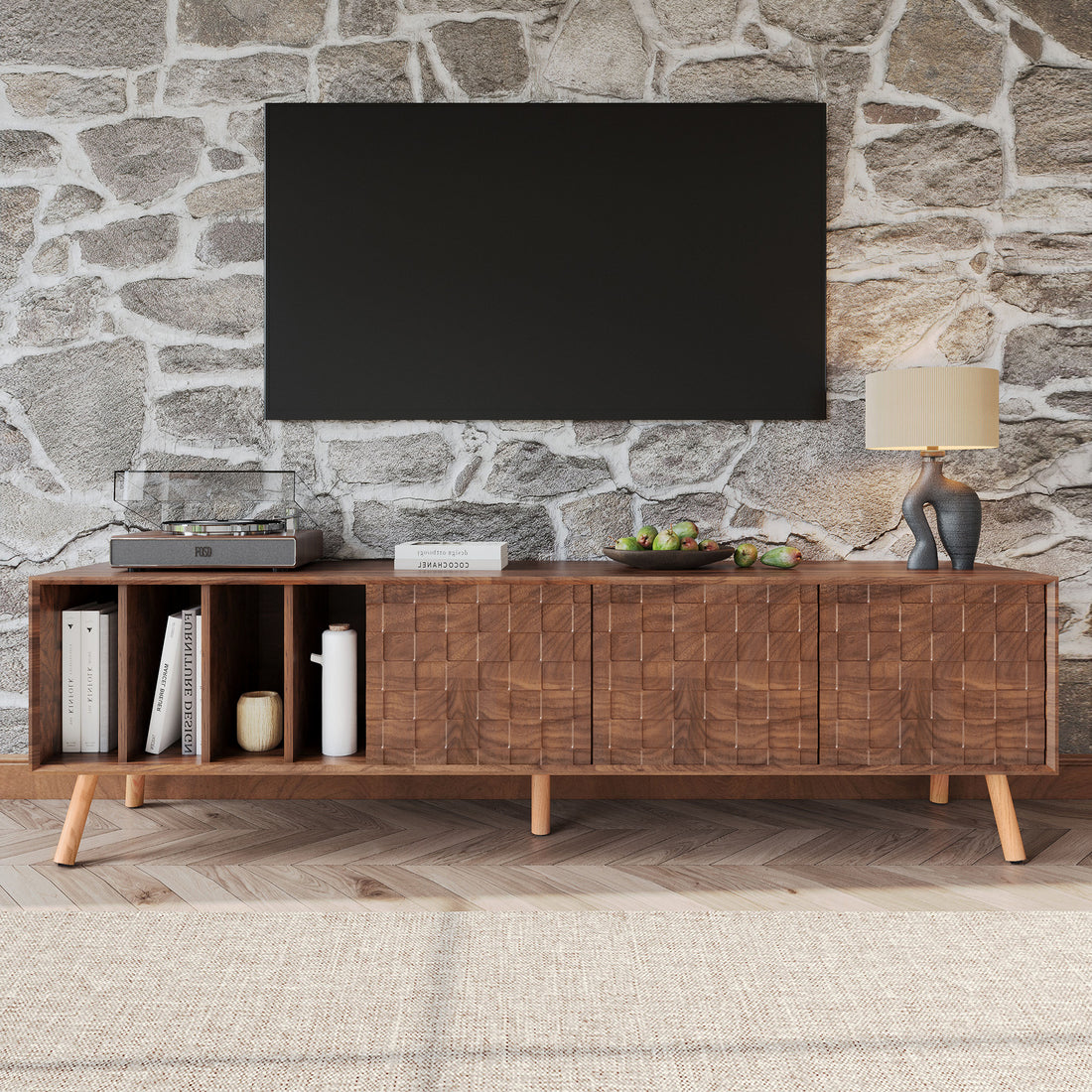 70" Mid Century Modern Tv Stand, Media Console Table For Tvs Up To 80'', Entertainment Center With 5 Solid Wood Legs For Living Room, Bedroom Walnut Primary Living Space 70 79 Inches 70 79 Inches