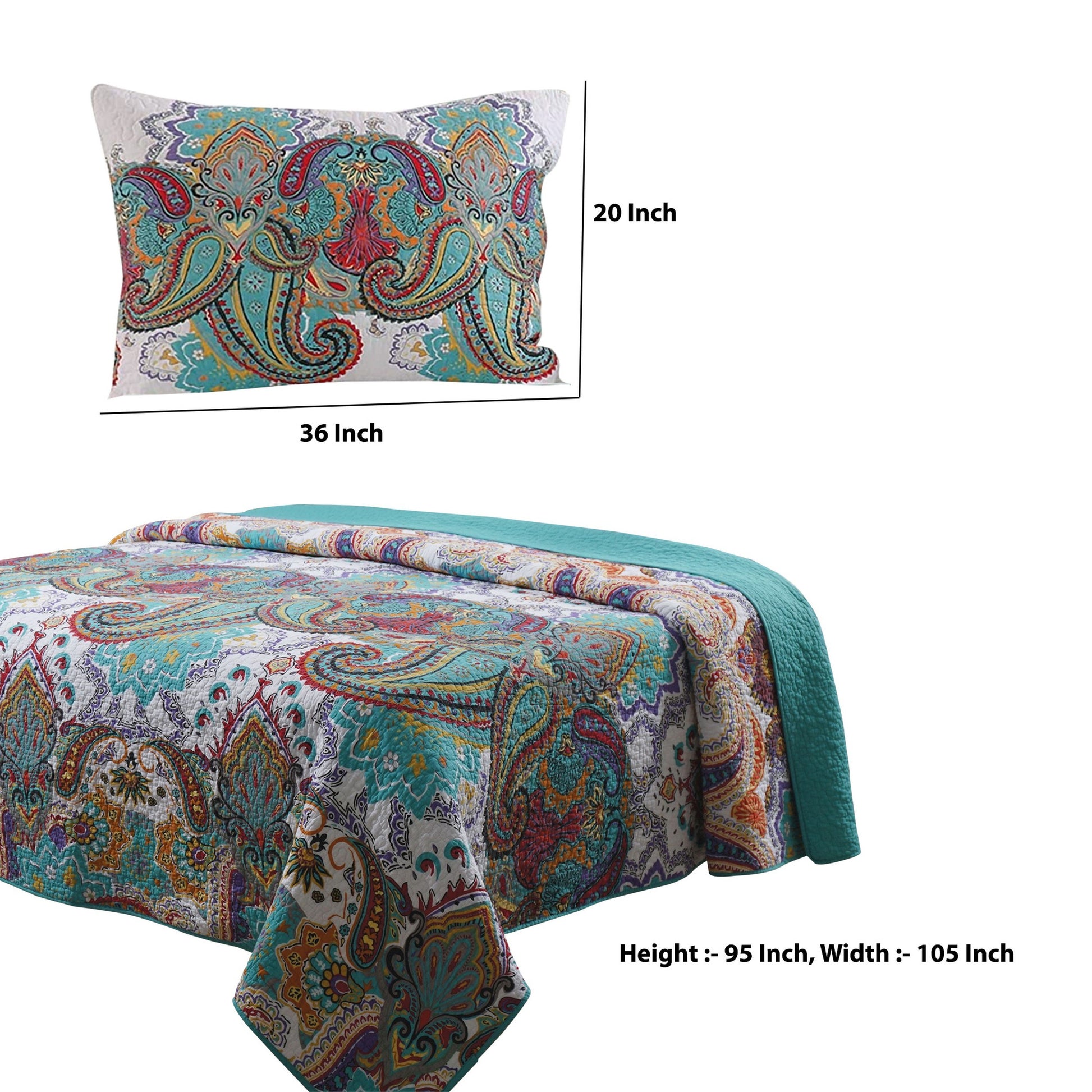 3 Piece King Size Cotton Quilt Set With Paisley Print, Teal Blue Blue Fabric