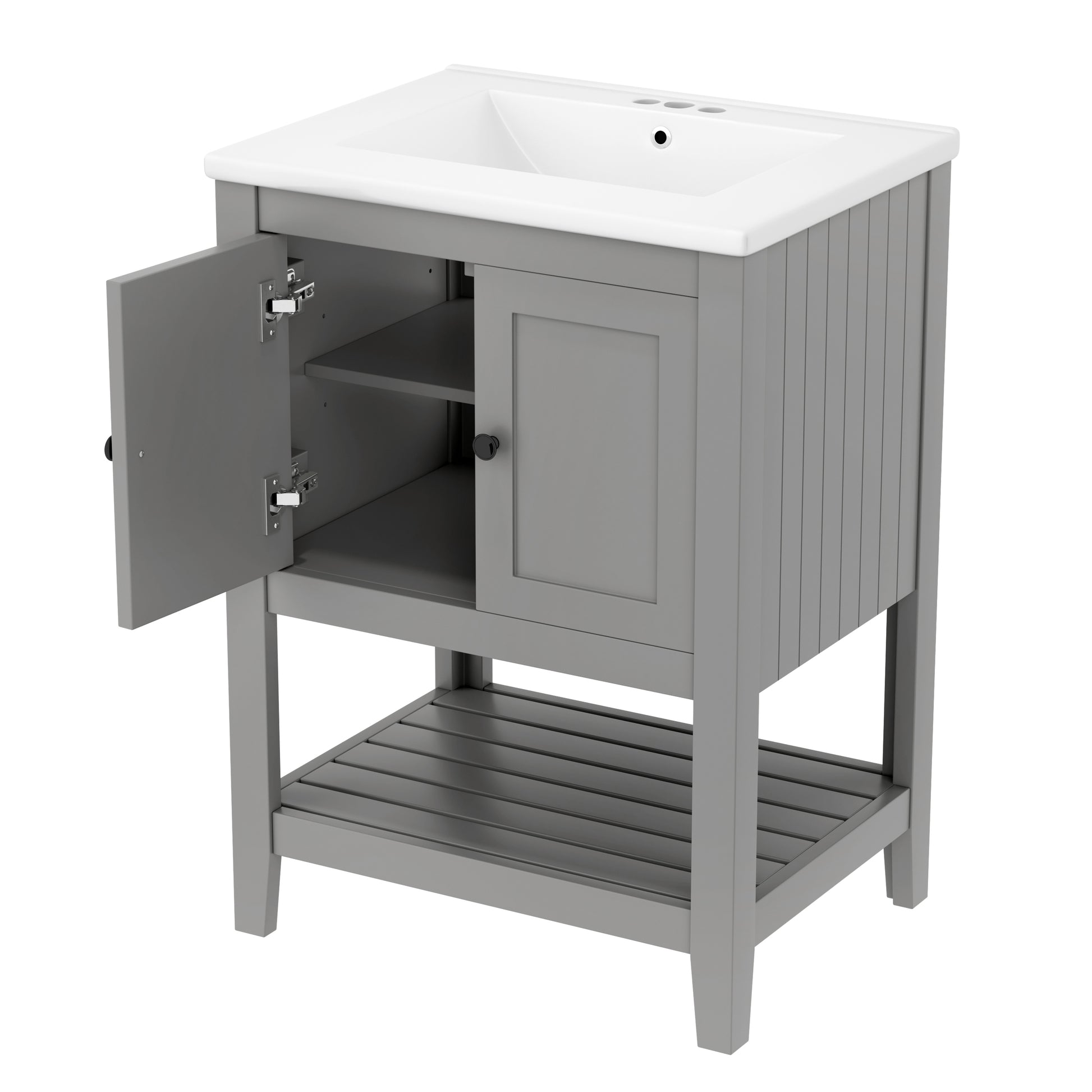 Video 24" Grey Modern Sleek Bathroom Vanity Elegant Ceramic Sink With Solid Wood Frame Open Style Shelf Grey Solid Wood