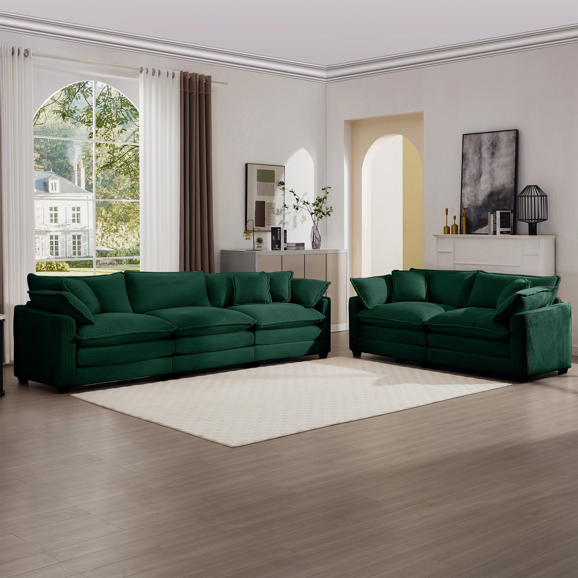 Modern Fabric Living Room Sofa Two Piece Set, Two 2 Seater Sofas With 8 Cushion Upholstery Large Deep Seat Recliner, Green Corduroy Fabric Green Corduroy 5 Seat