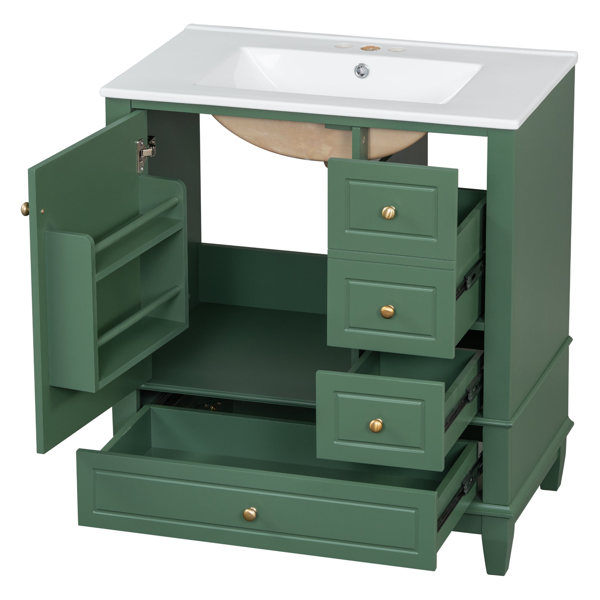30" Bathroom Vanity With Sink, One Door With Shelf And Three Drawers, Soft Close Door, Green Green Ceramic Mdf,Rubber Wood