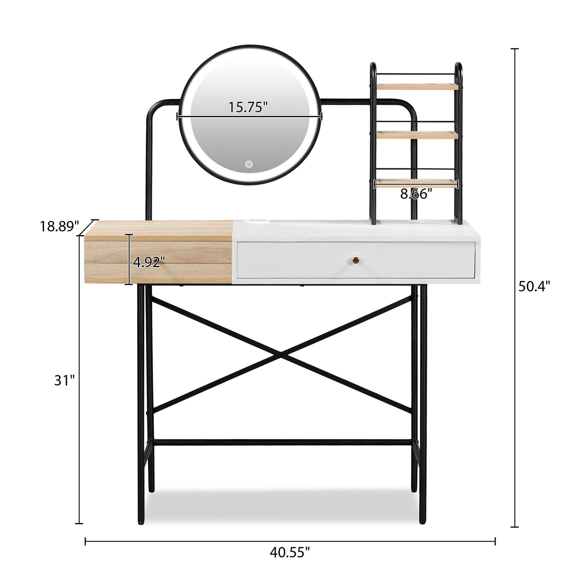 40" Makeup Vanity Desk With 3 Mode Lighted Mirror & Wireless Charging Stationvanity Table With Drawer & 3 Open Shelves For Large Storage Space, Dressing Table For Bedroom, White White 1 Drawer Glass Mdf Iron