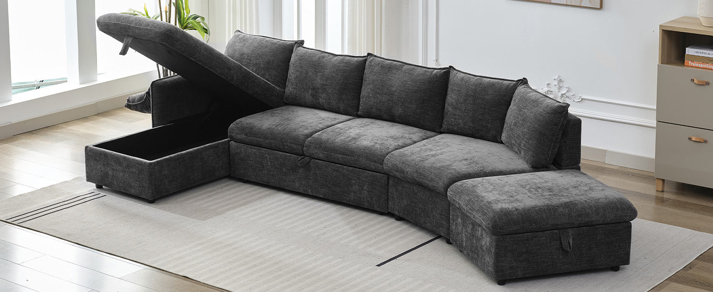 146.9" L Shaped Sofa Sectional Sofa Couch Pull Out Sofa Bed With A Movable Storage Ottoman, A Storage Chaise Lounge And Two Usb Ports For Living Room, Grey Grey Foam Linen 5 Seat