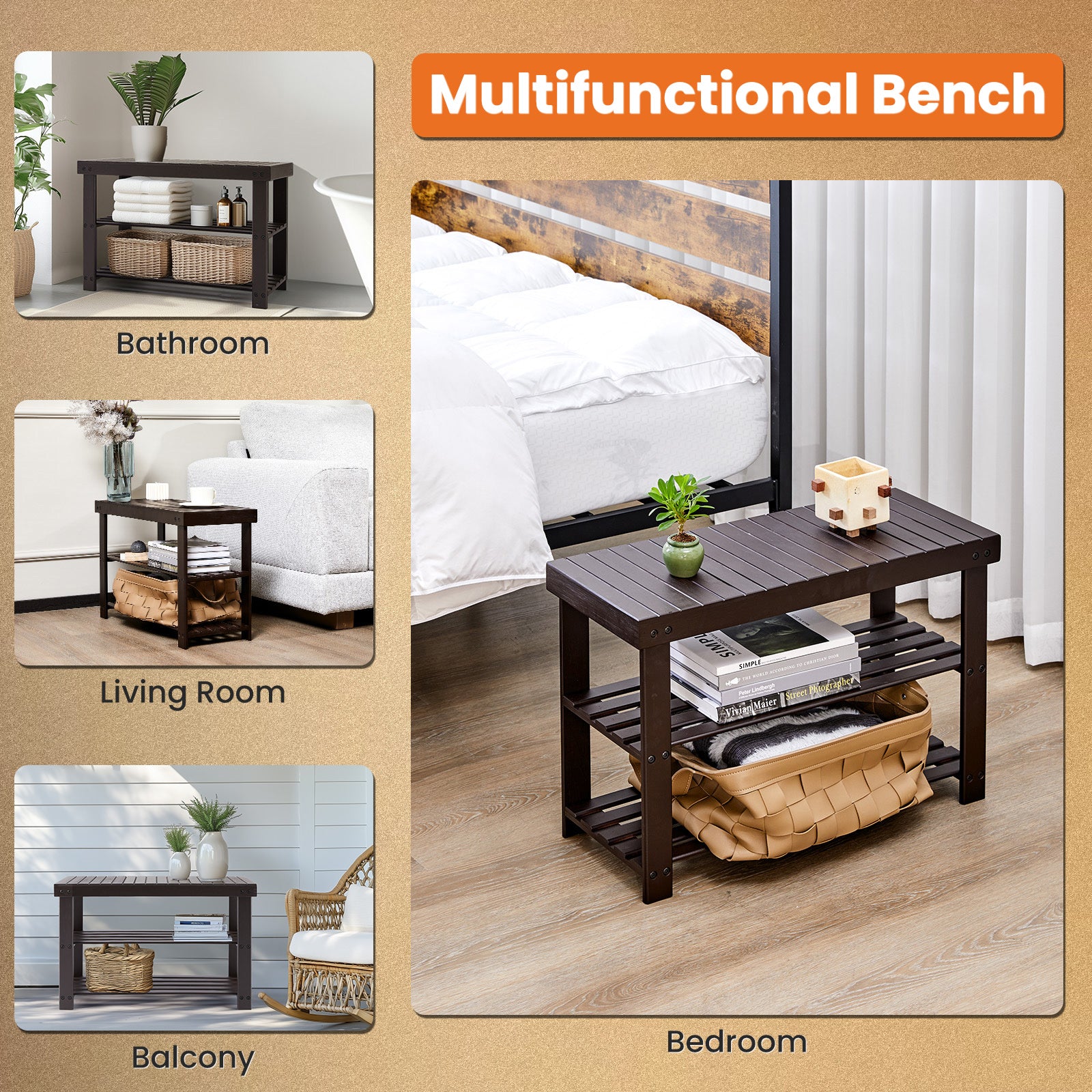3 Tier Bamboo Shoe Rack Bench, Compact Storage Organizer, 286Lb Capacity, Suitable For Entryway Bedroom Living Room Balcony Brown Bamboo