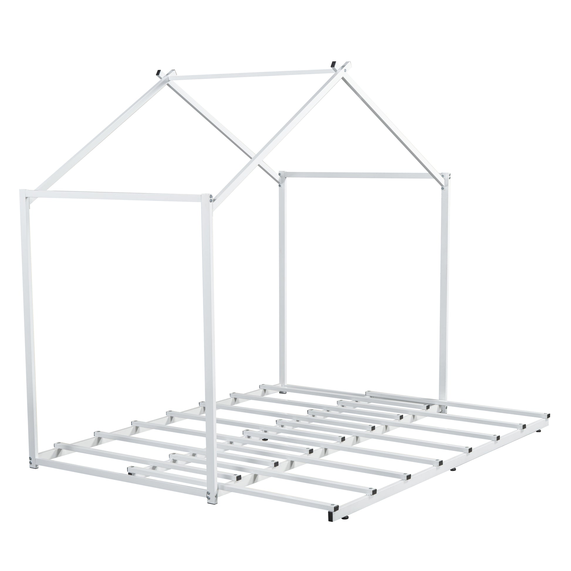 Metal Twin Size House Platform Bed With Trundle, White Box Spring Not Required Twin White Metal Bed Frame Metal