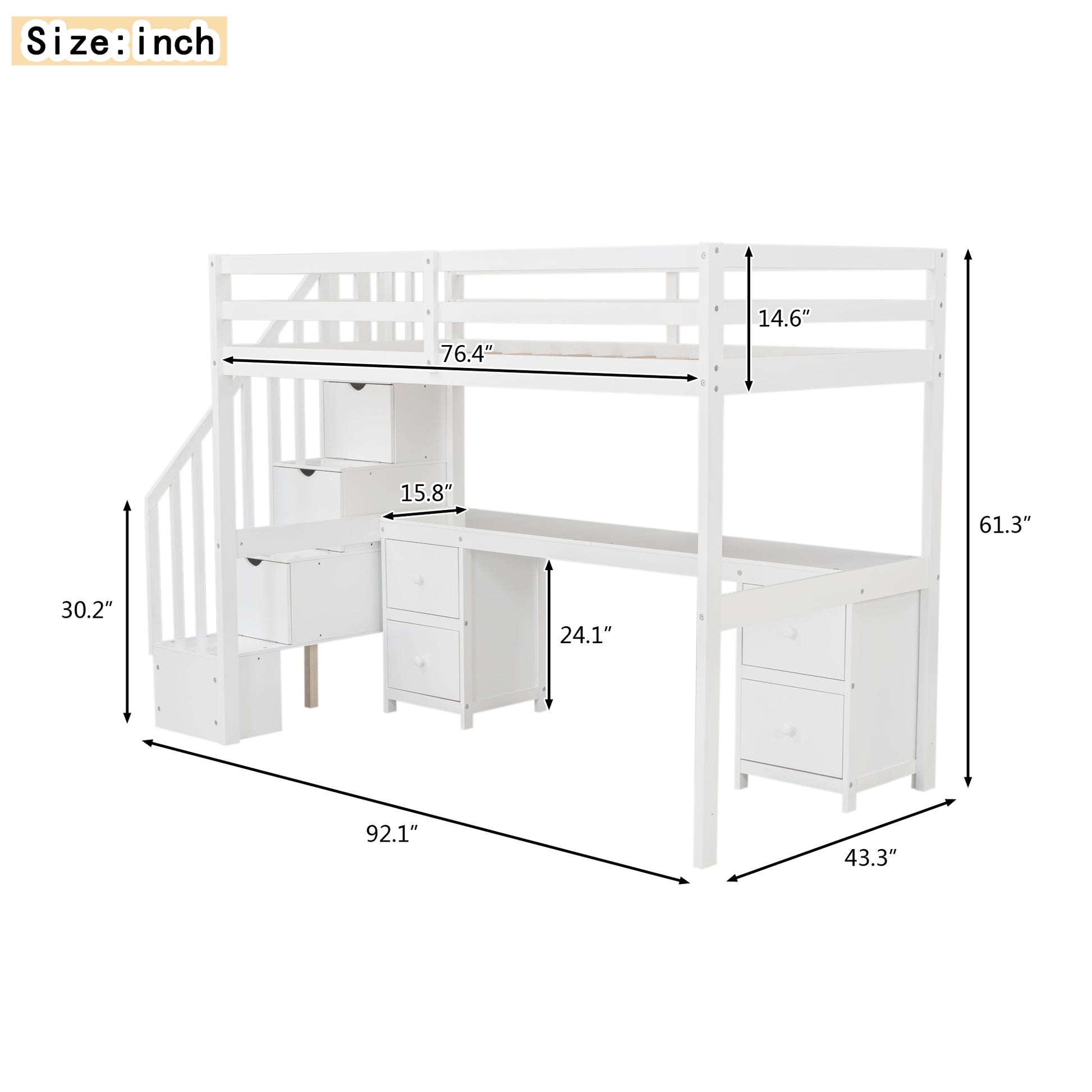 Twin Size Loft Bed Frame With Built In Desk And Double Storage Drawers,White Twin White Solid Wood Mdf