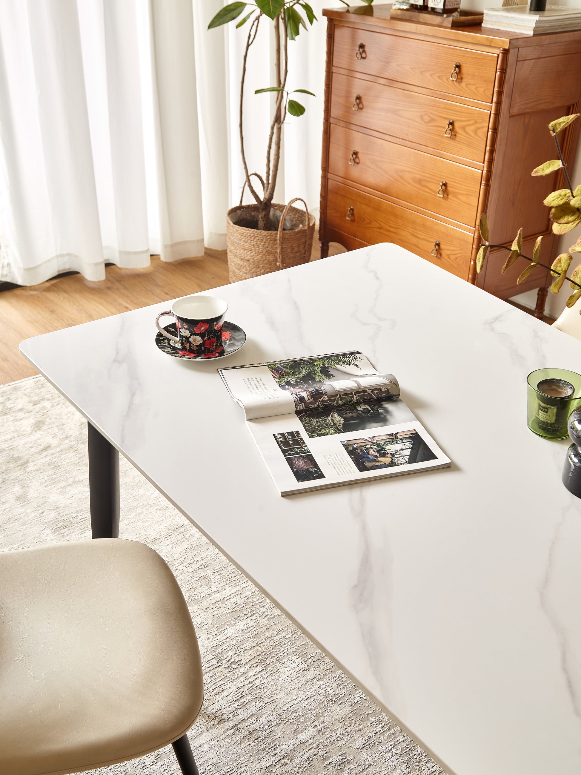 Dining Table Table 55" Rectangular White Kitchen Table With Porcelain Table Top And Metal Legs,Dining Room Table For 4,Mid Century Dinner Table For Living Room And Office,Table Only White Black European Ceramic Tile Iron
