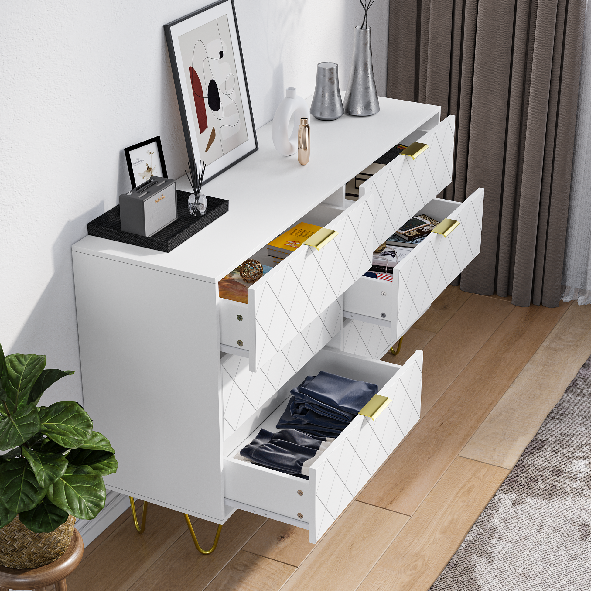 Modern White 6 Drawers For Bedroom,Big Size Wooden Drawers With Gold Handles, Chest Dresser With Deep Drawers For Living Room White Mdf