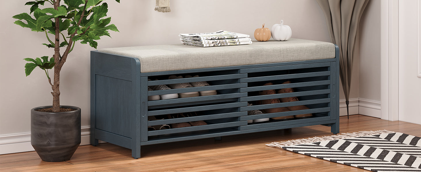 Distressed Shutter Storage Bench With Acacia Veneer For Retro Charm For Living Room, Entryway Navy Navy Mdf