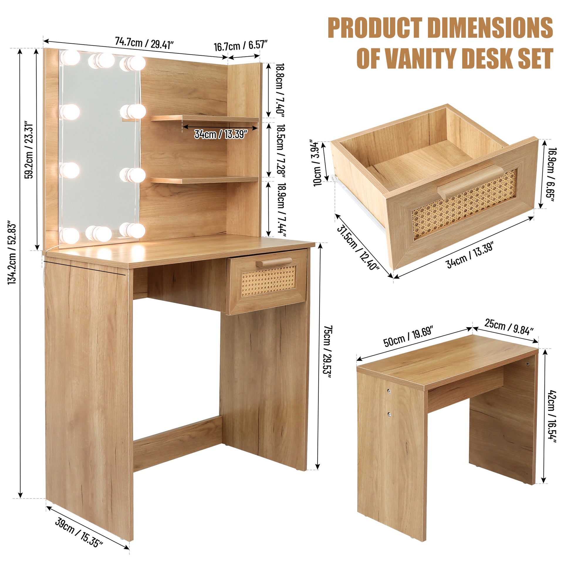 Vanity Desk Set Stool & Dressing Table With Led Lighting Mirror Drawer And Compartments Modern Wood Cosmetic Table Chest Of Drawers Nature Color Natural Wood Particle Board