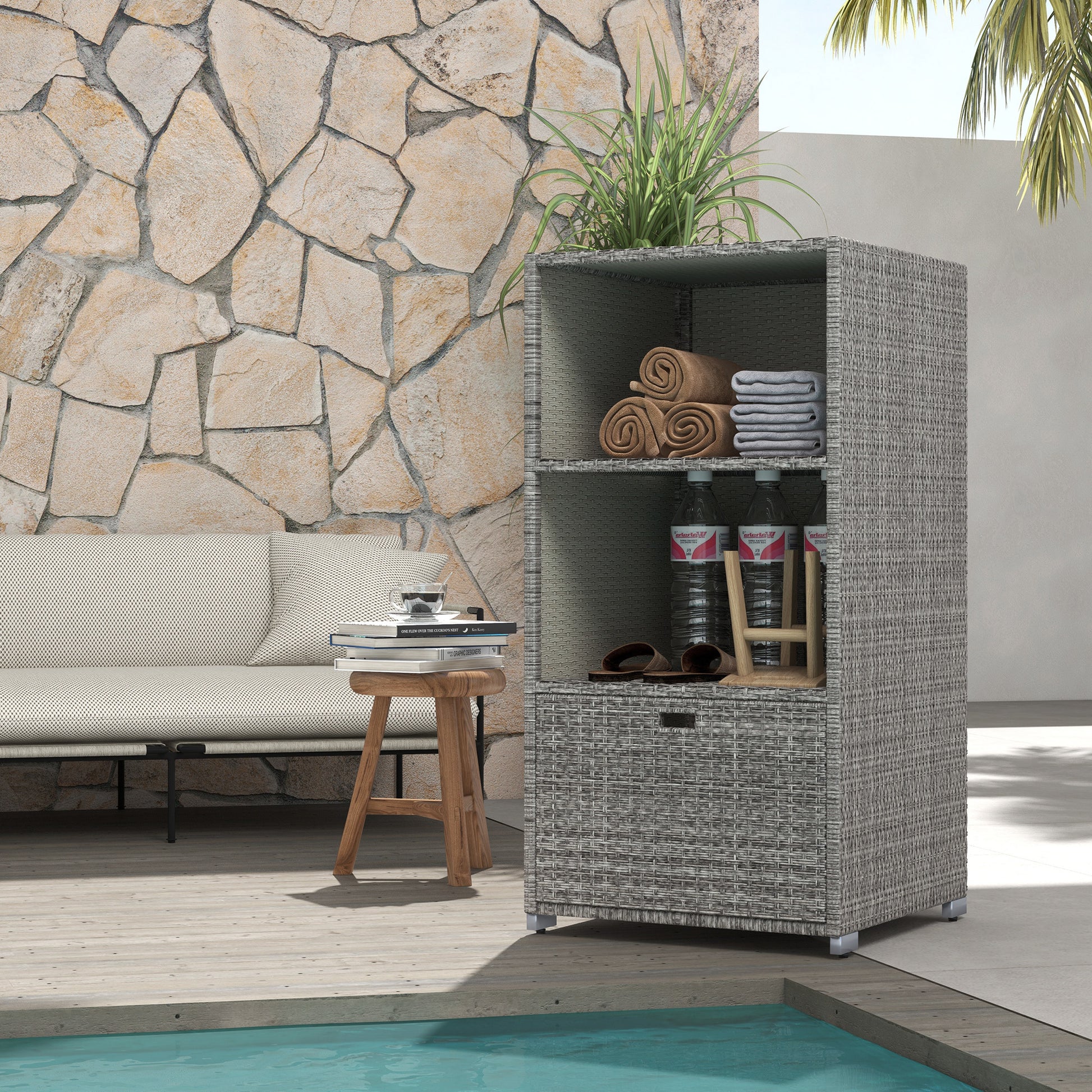 Outsunny Valet Pool Towel Rack, Waterproof Pe Plastic Rattan Wicker Storage Organizer, Indoor Outdoor Spa, And Hot Tub Accessory Storage, 2 Shelves, 1 Basket Drawer, Mixed Gray Dark Grey Rattan