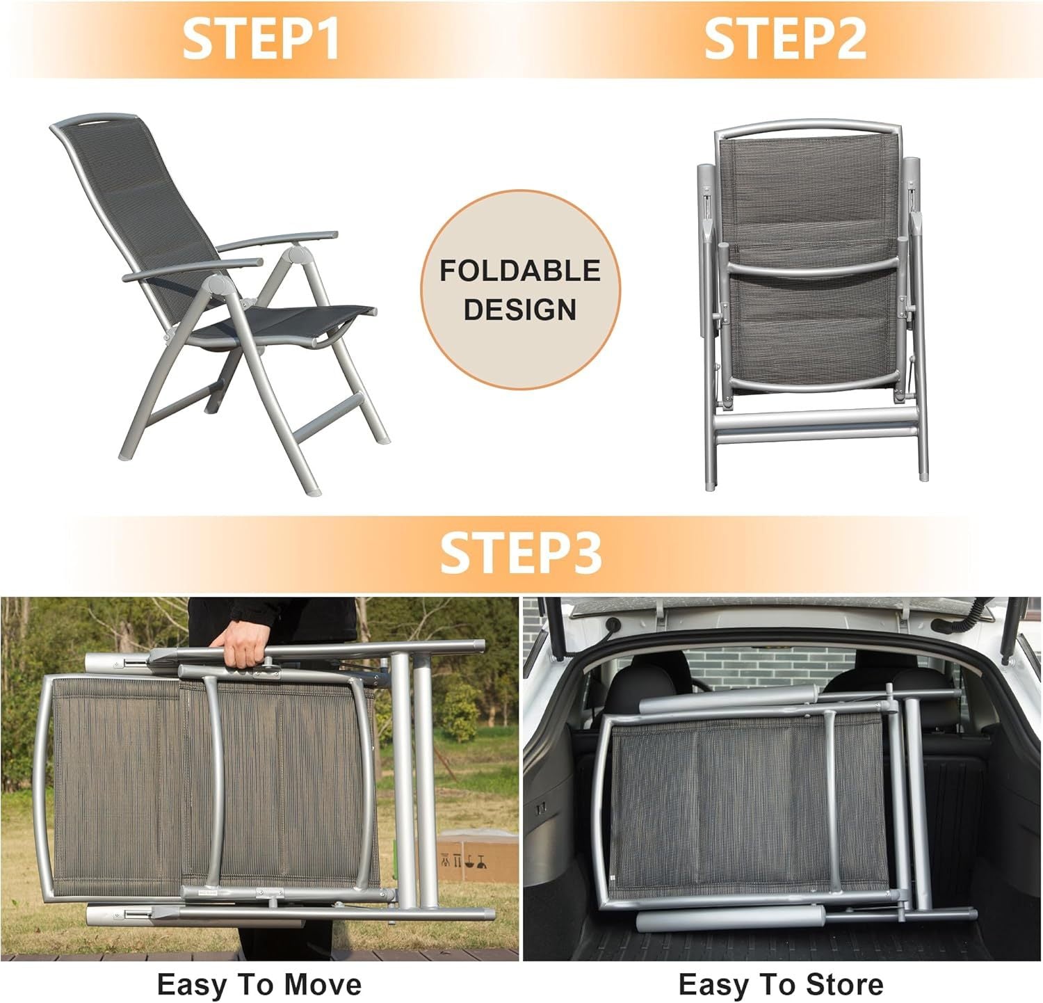 Patio Folding Chairs Set Of 2, Aluminium Frame Outdoor Reclining Patio Chairs For Garden Camping Poolside Beach Deck, Adjustable High Back Lawn Chairs With Soft Cotton Padded Seat, Dark Gray Dark Gray Aluminium