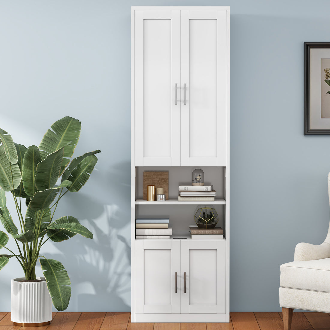 2 Doors Bookshelf With Usb Port 3 Adjustable And 3 Fixed Shelves Bookcase Side Cabinet Storage Shelves In White Old Sku:Wf311493Aac White Solid Wood Mdf