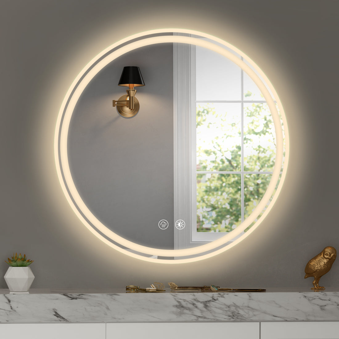 28" Round Led Bathroom Mirror Wall Mounted For Convenience White Black Aluminium,Tempered Glass