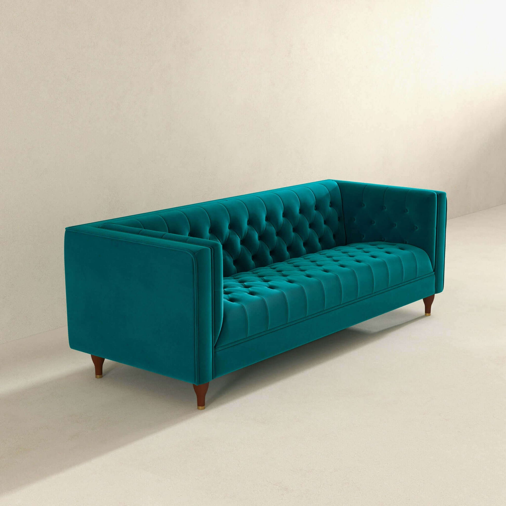 Evelyn Mid Century Modern Teal Velvet Luxury Chesterfield Sofa Teal Brown Velvet Wood Primary Living Space Tufted Back Mid Century Modern Engineered Hardwood Foam Solid Wood,Velvet 3 Seat