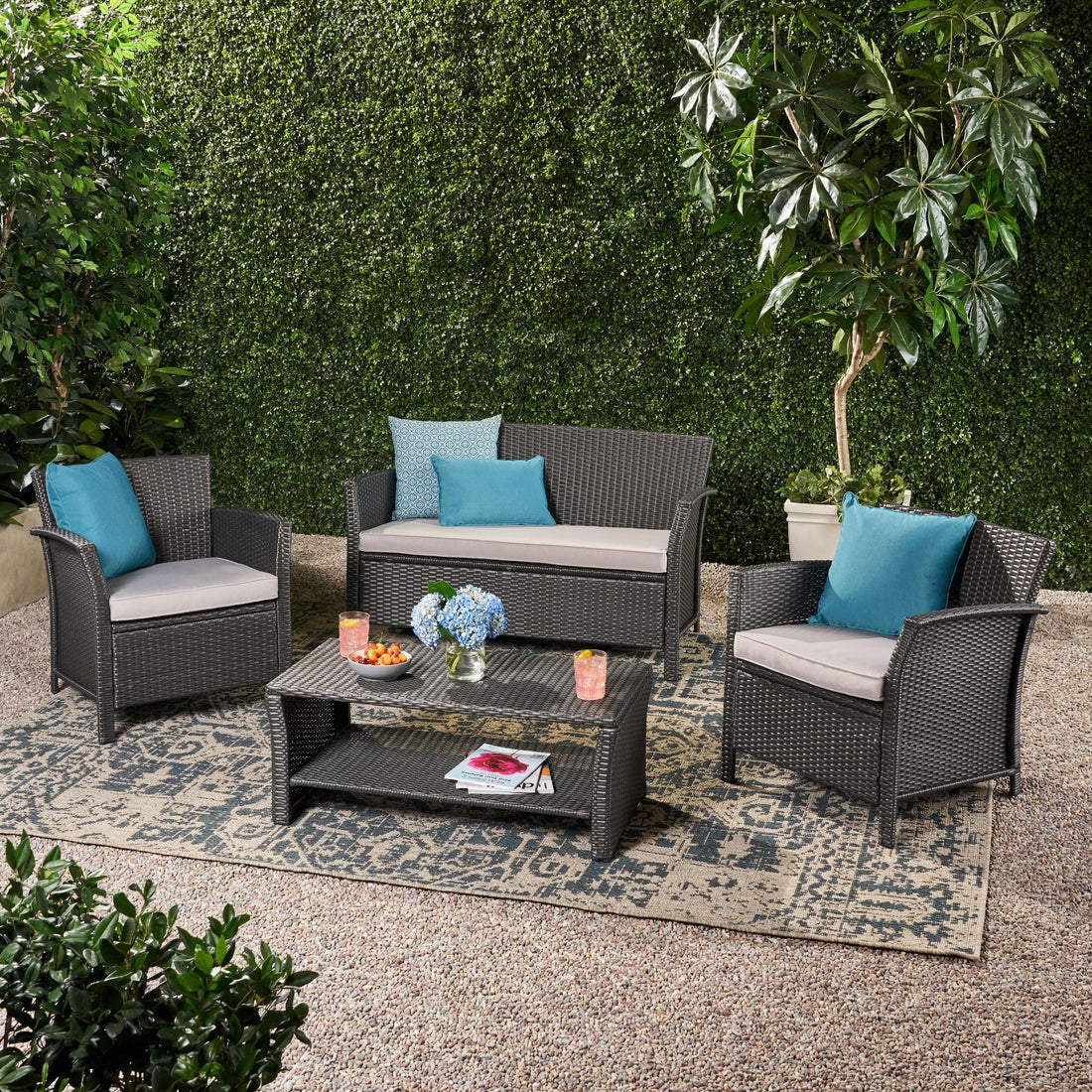 St Lucia 4Pc Sofa Set Grey Pe Rattan Iron Waterproof Fabric