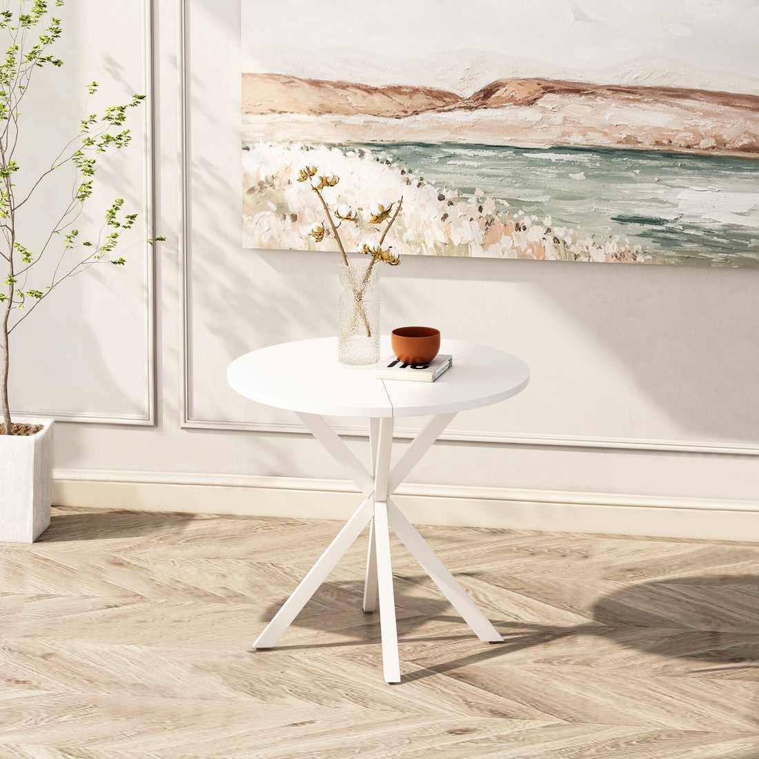 31.5'' Modern Round Dining Table With Crossed Legs,White Occasional Table, Two Piece Detachable Table Top, Matte Finish Iron Legs White Mdf Metal