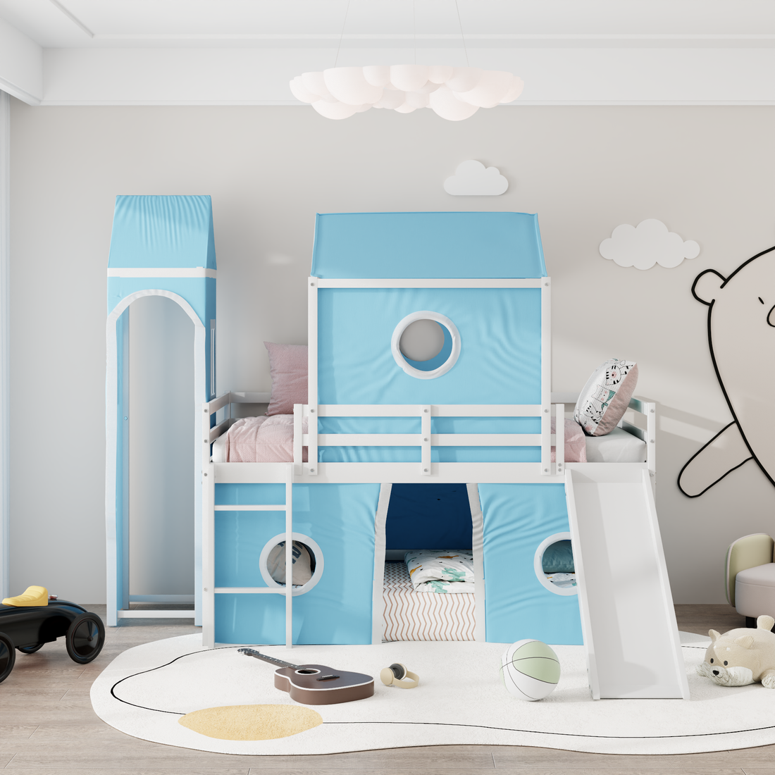 Twin Size Loft Bed With Slide Pink Tent And Tower Blue Old Sku:Wf298769Aac Twin Blue Solid Wood