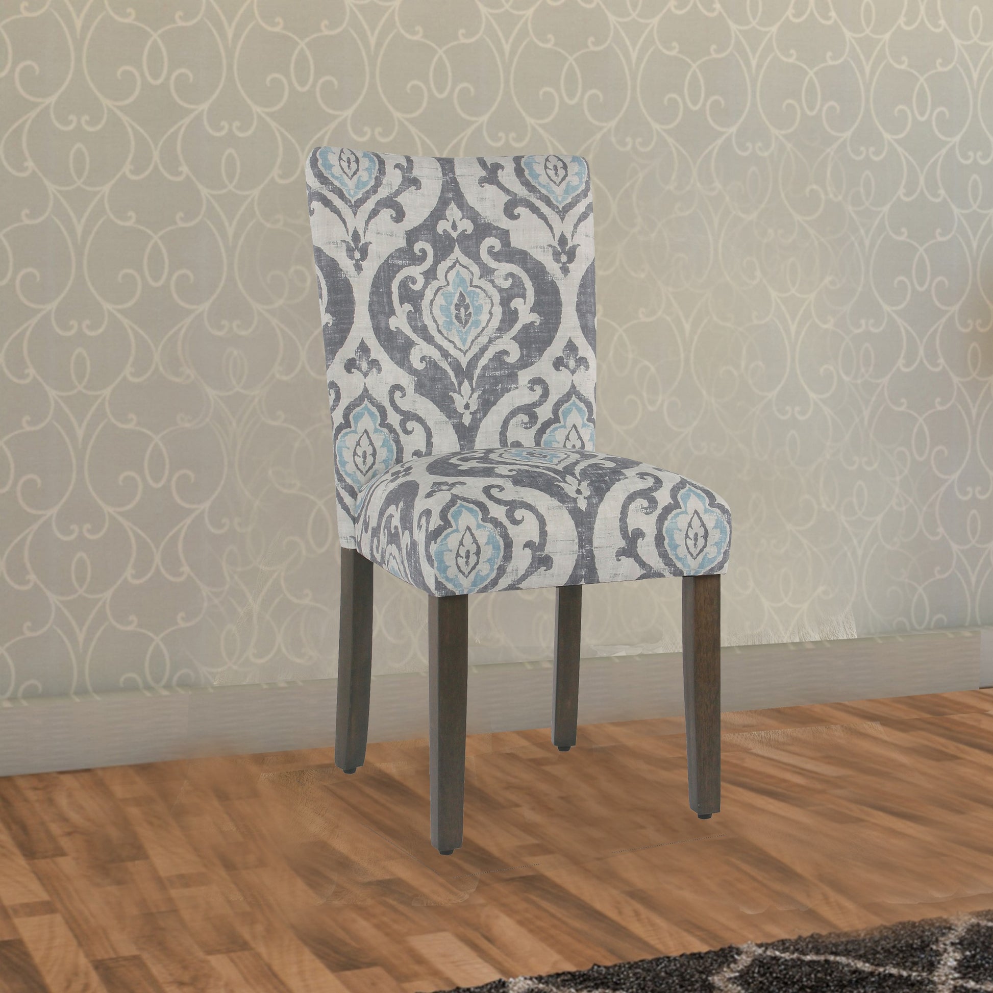 Wooden Dining Chair With Da Print Fabric Upholstery, Gray And Blue, Set Of Two Grey Blue Wood Fabric