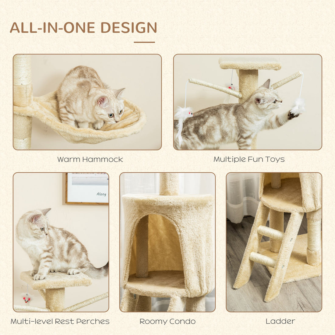 Pawhut 53" Plush Sturdy Interactive Cat Condo Tower Scratching Post Activity Tree House Beige Beige Mdf