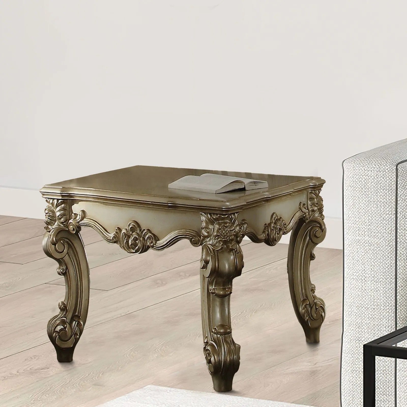 Gold Patina And Bone End Table With Scrolled Leg Gold Primary Living Space Square Solid Wood Mdf