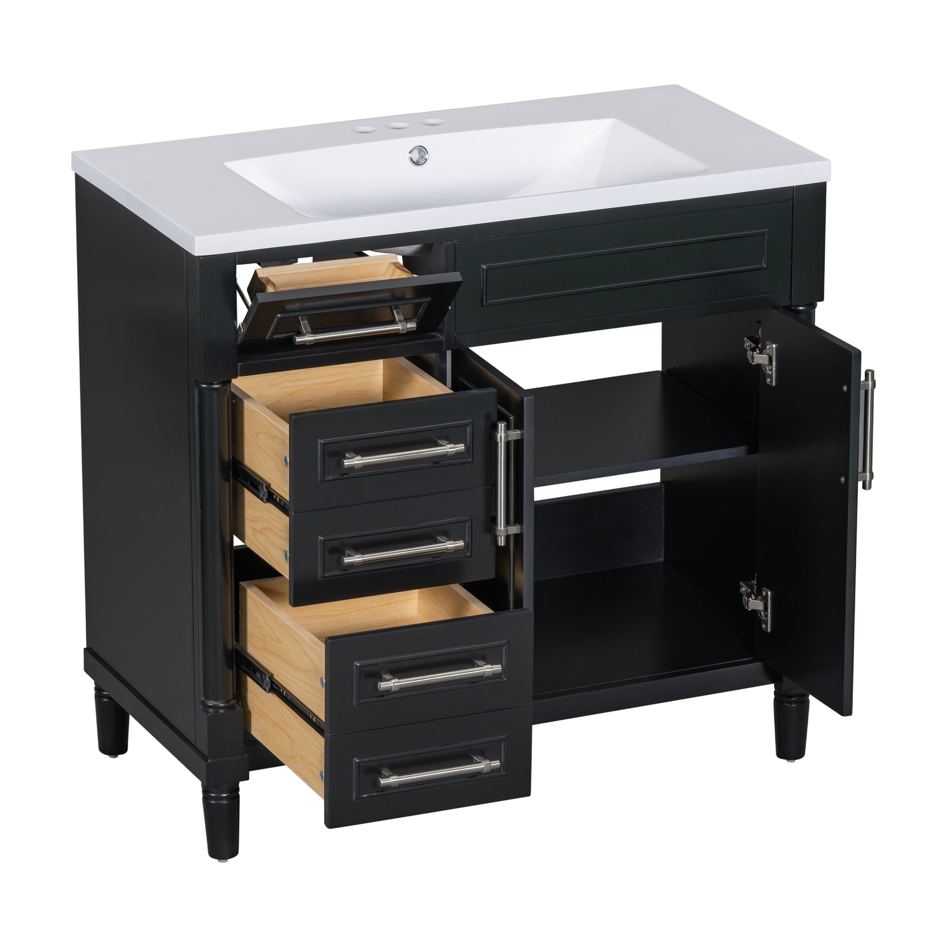 36'' Bathroom Vanity With Top Resin Sink, Freestanding Bathroom Storage Cabinet With 2 Drawers And A Tip Out Drawer, Solid Wood Frame Vanity Set, Height Adjustable Shelf Black Bathroom Solid Wood