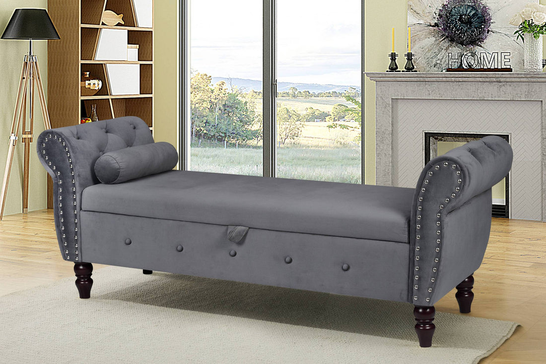 48.3 Inch Storage Bench, Modern Velvet Ottoman, Large Capacity Storage Bench With Armrest, Suitable For Living Room, Bedroom H Gray Armrest Gray Brown Velvet Primary Living Space Black Modern,Sporty Eucalyptus Wood Internal Storage Upholstered Metal &