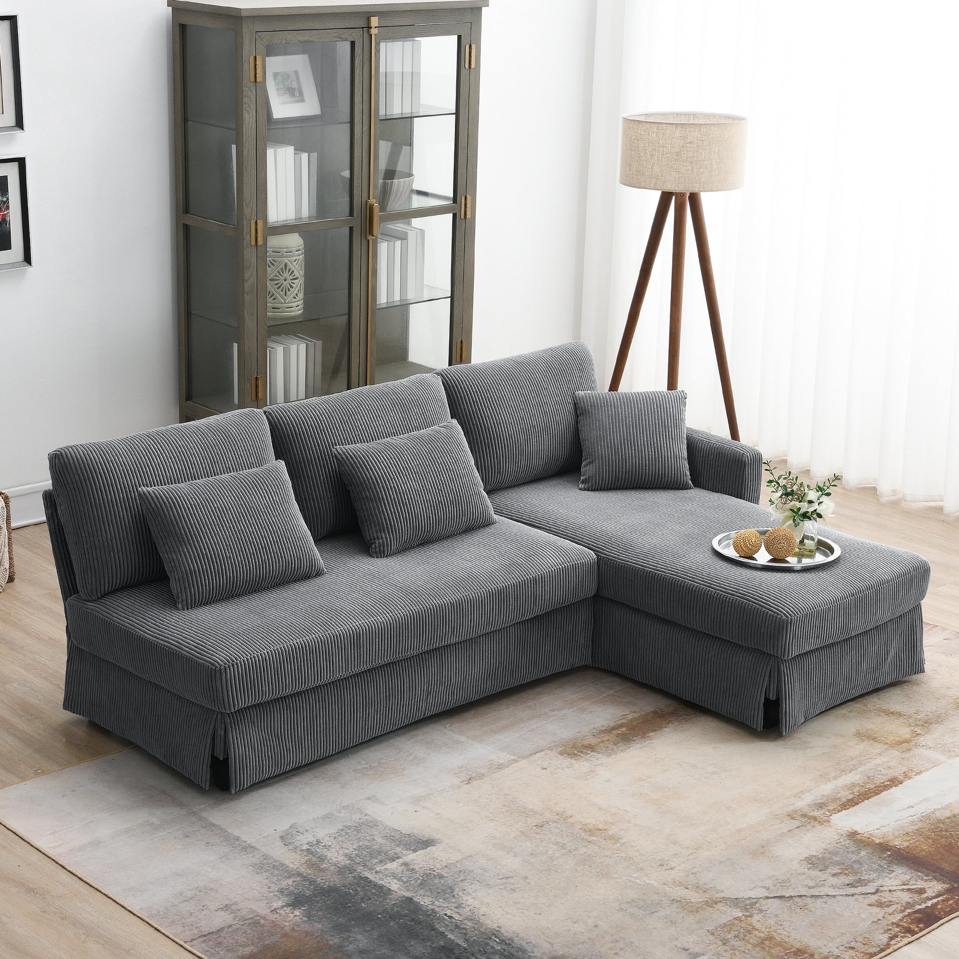 87*61"Modern L Shaped Corduroy Sofa With Reversible Chaise,4 Seat Upholstered Sectional Indoor Furniture,Convertible Sleeper Couch With Pillows For Living Room,Apartment,3 Colors Gray Corduroy 4 Seat