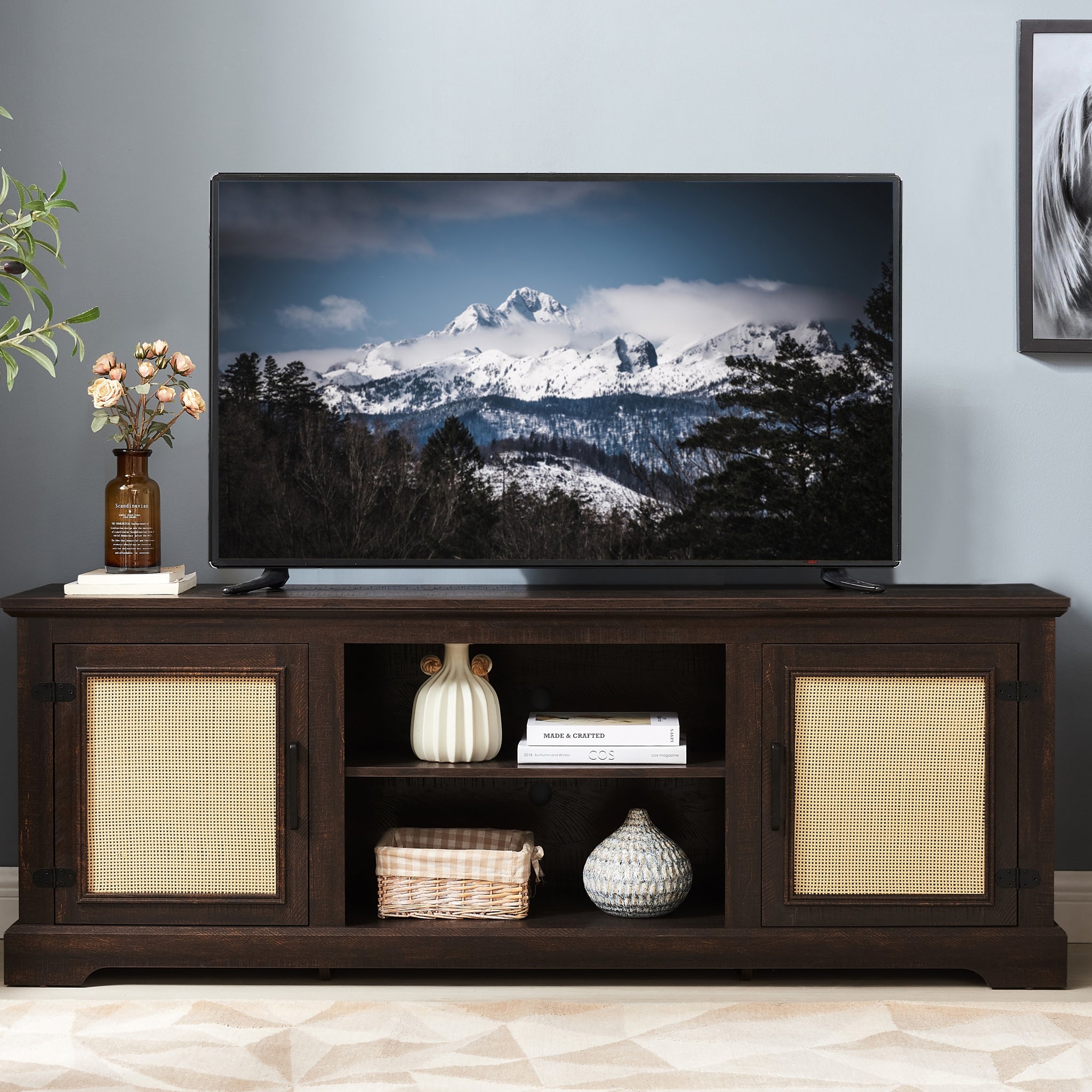 Farmhouse Rattan Tv Stand Console Table For Tvs Up To 70 Inches, Tv Console Table With 2 Storage Shelves, 2 Natural Rattan Door Cabinets, 65"W*15.55"D*23.86"H, Espresso Espresso 60 69 Inches Mdf