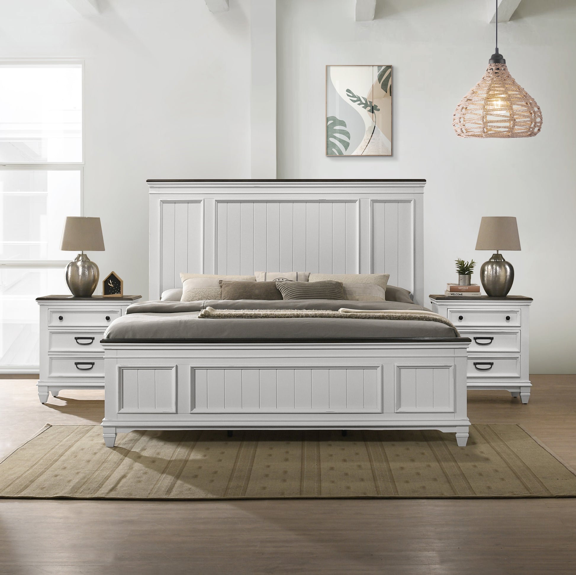 Clelane 3 Piece Wood Bedroom Set, Lap Panel King Bed And 2 Nightstands Box Spring Required King Antique White Gray Wood White 3 Piece Set Bedroom Bed Included,Nightstand Included Contemporary,Modern Rubberwood Distressed Finish Wood