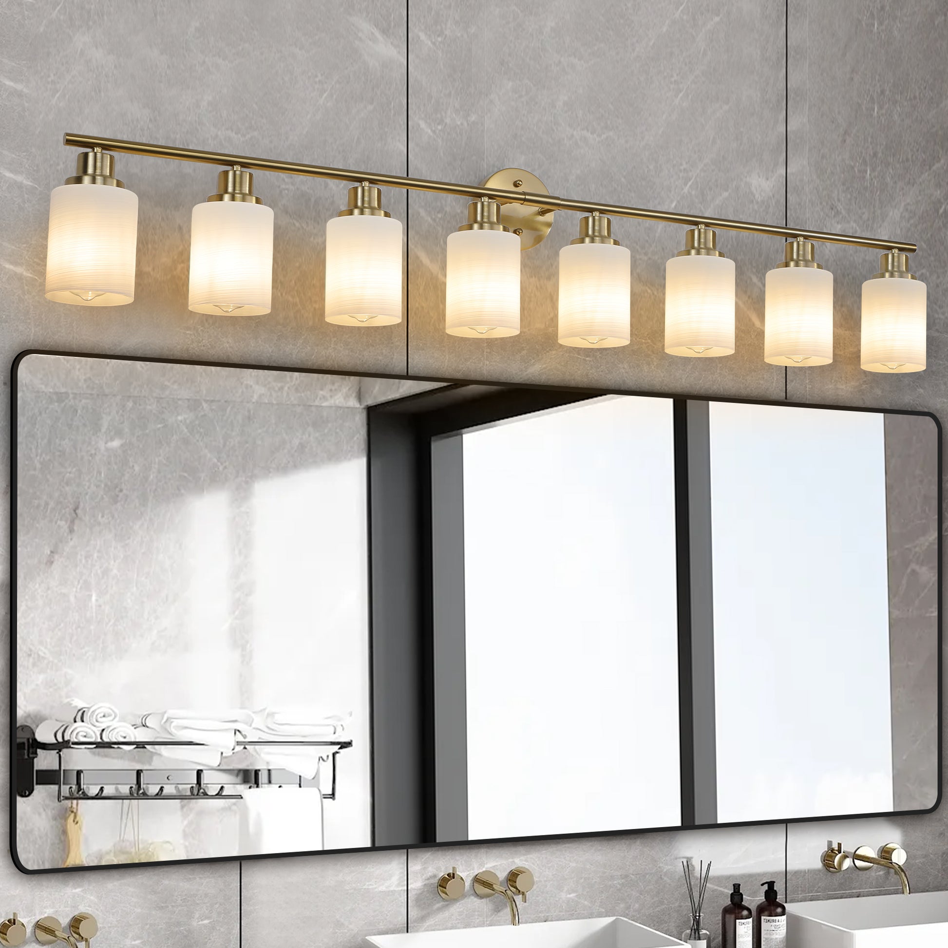 8 Light Golden Bathroom Vanity Light Fixture, Frosted Glass Shades, Modern Wall Mounted Lighting No Bulbs Golden Glass,Iron