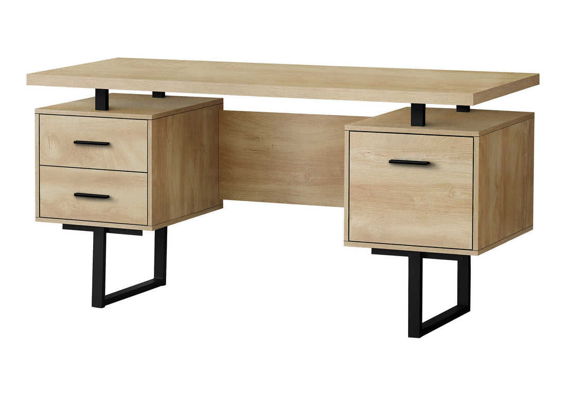 Computer Desk, Home Office, Laptop, Left, Right Set Up, Storage Drawers, 60"L, Work, Natural Laminate, Black Metal, Contemporary, Modern Natural Particle Board