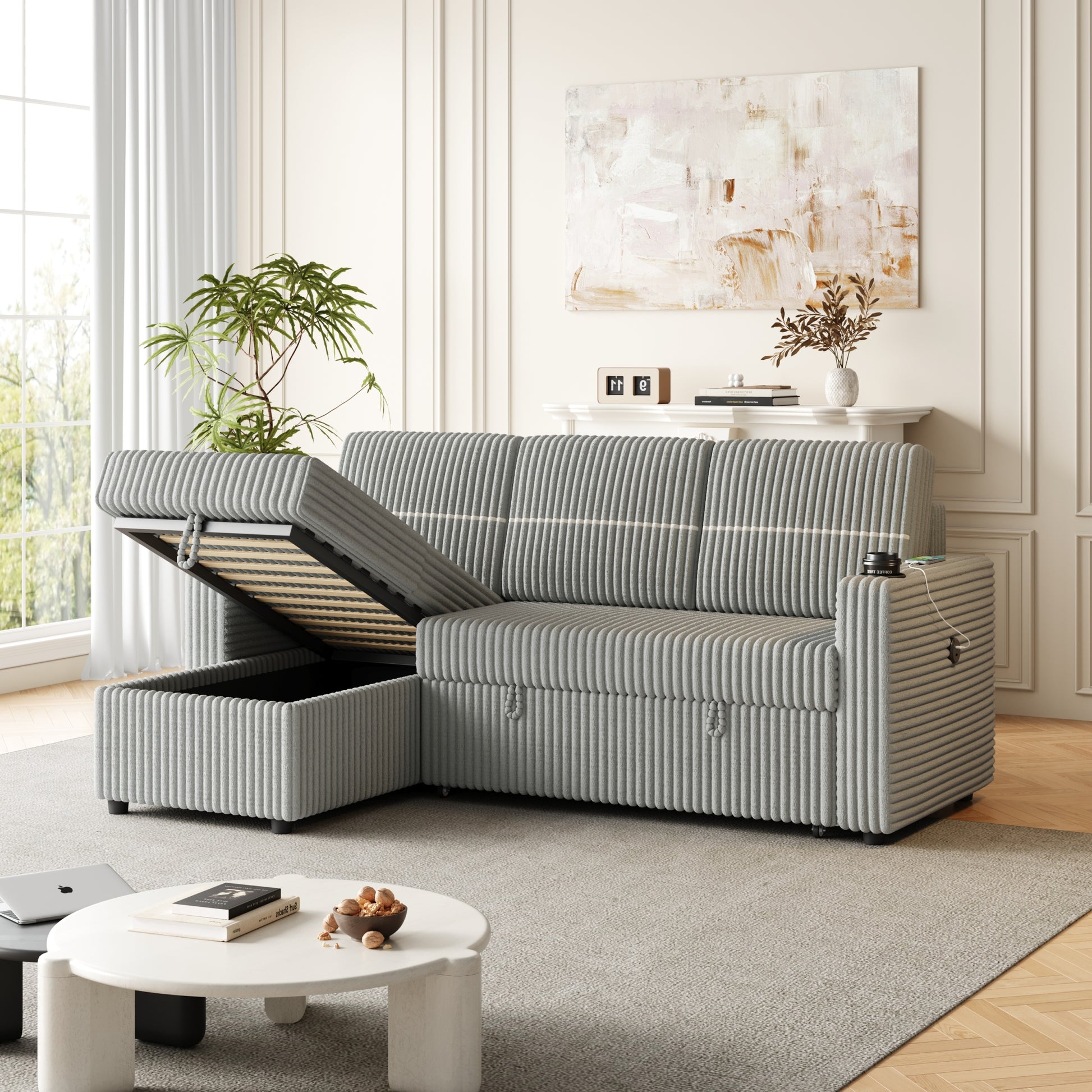 85 Inches Corduroy Sofa Bed, 3 Seater Sleeper Sofa With Storage Chaise, Square Handrail With Two Cup Holder And Usb Charge Port, Pull Out Couch For Living Room Light Grey Corduroy 3 Seat