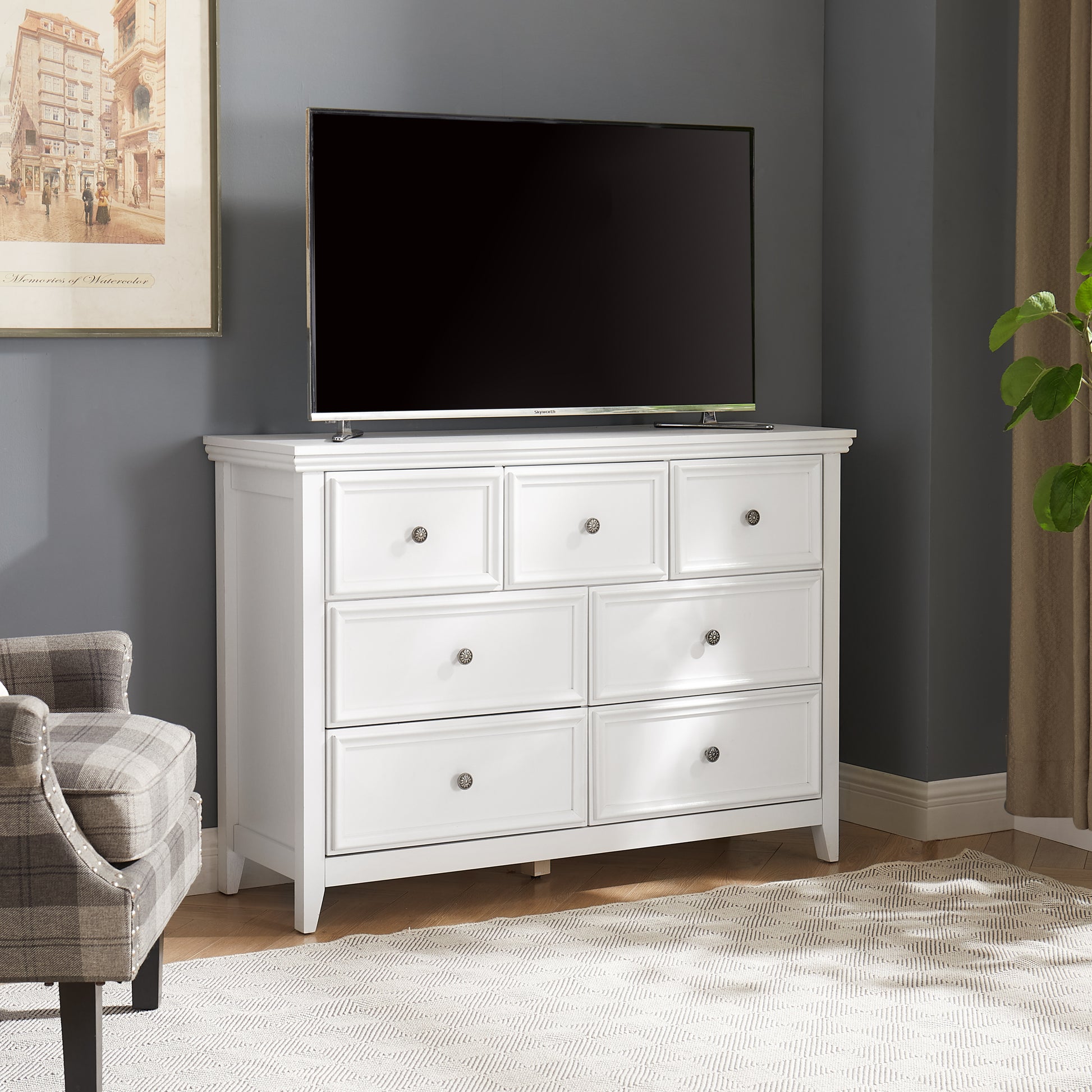 Modern 7 Drawers Dresser 7 Drawers Cabinet,Chest Of Drawers Closet Organizers And Storage Clothes Storage Drawers Cabinet For Living Room, Farmhouse Dresser Organizer White White Mdf