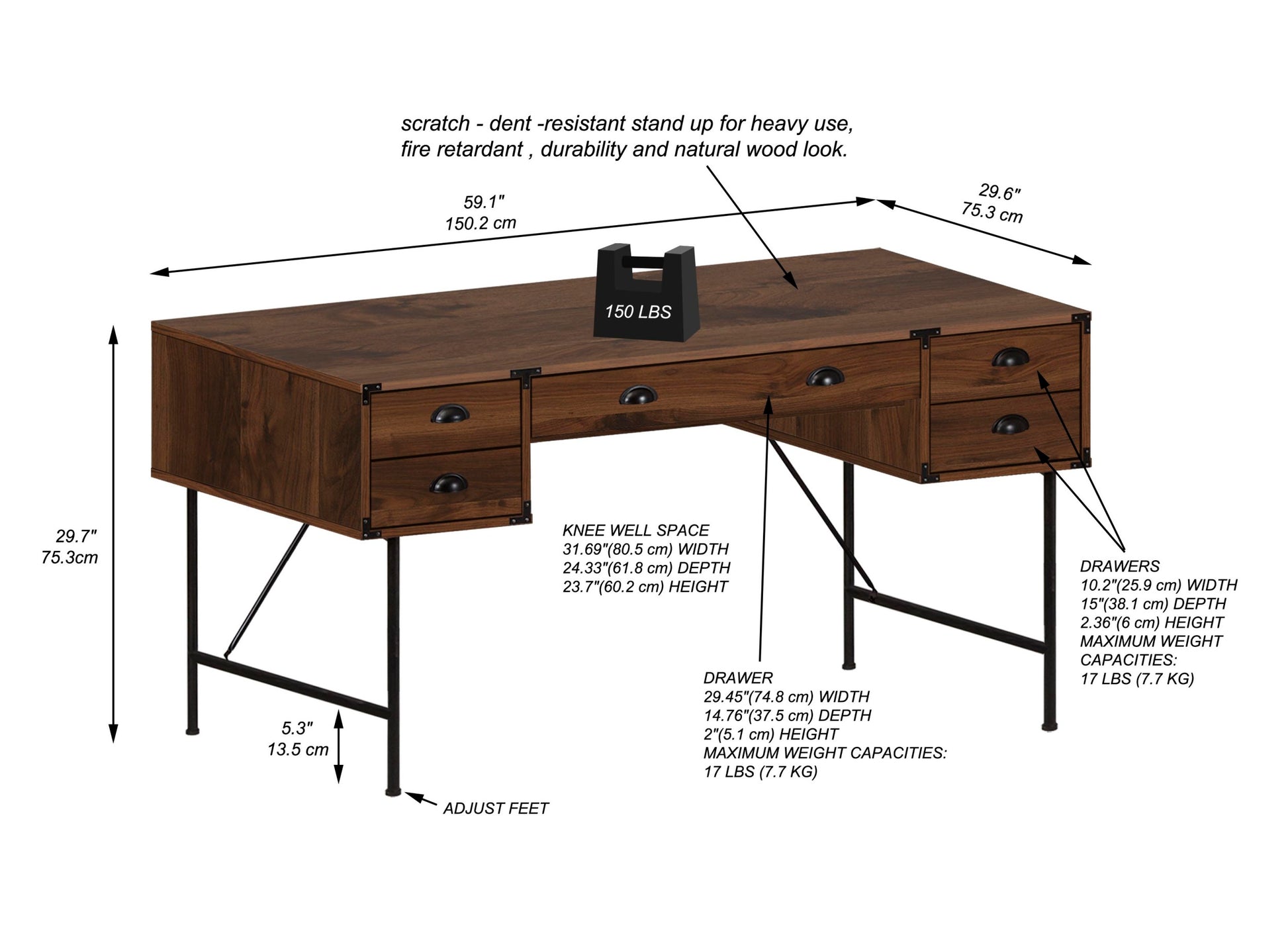 59" Writing Desk "Versatile Walnut Office Desk With Contemporary Metal Frame & Multiple Storage Drawers" Brown Solid Wood