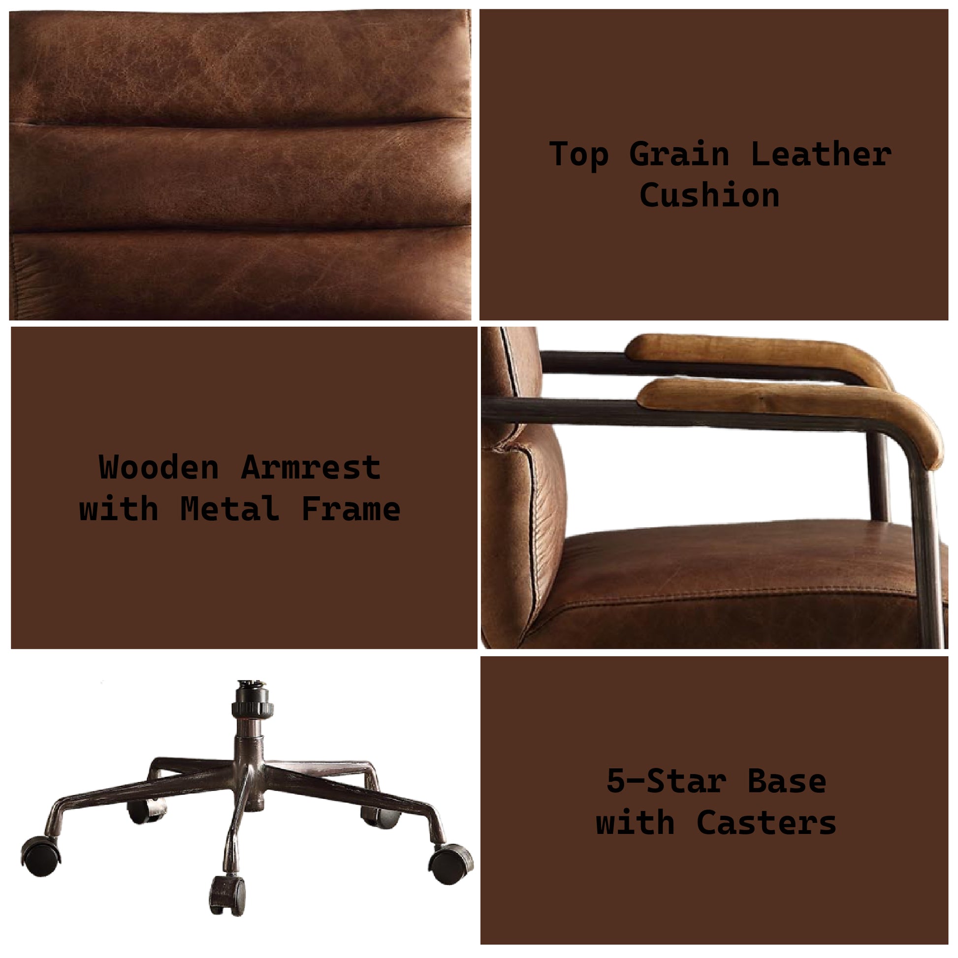 Harith Retro Brown Top Grain Leather Office Chair Brown Leather