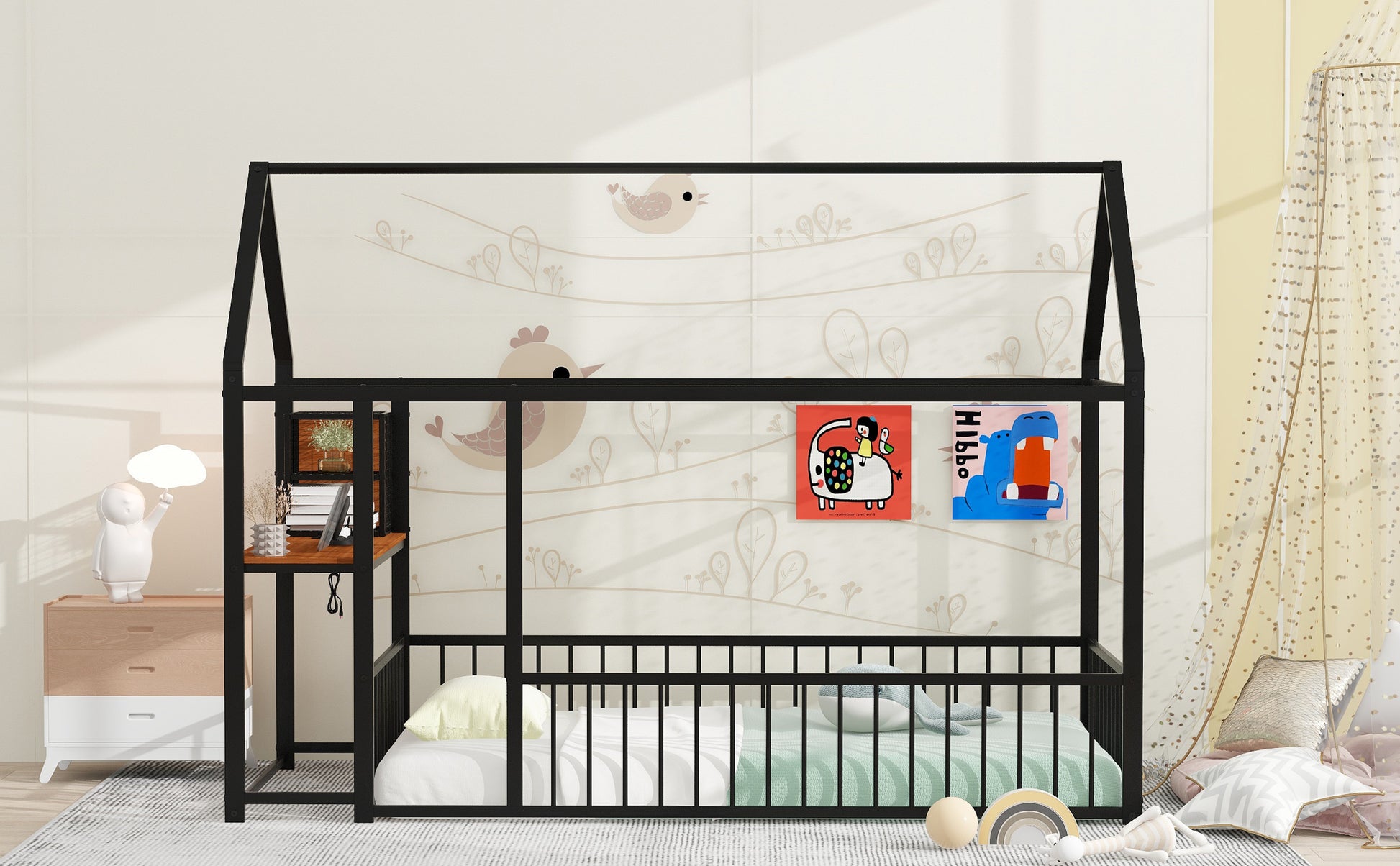 Twin Size Metal Bed House Bed Frame With Desk, Shelves, Power Outlets And Usb Ports, Black Twin Black Metal