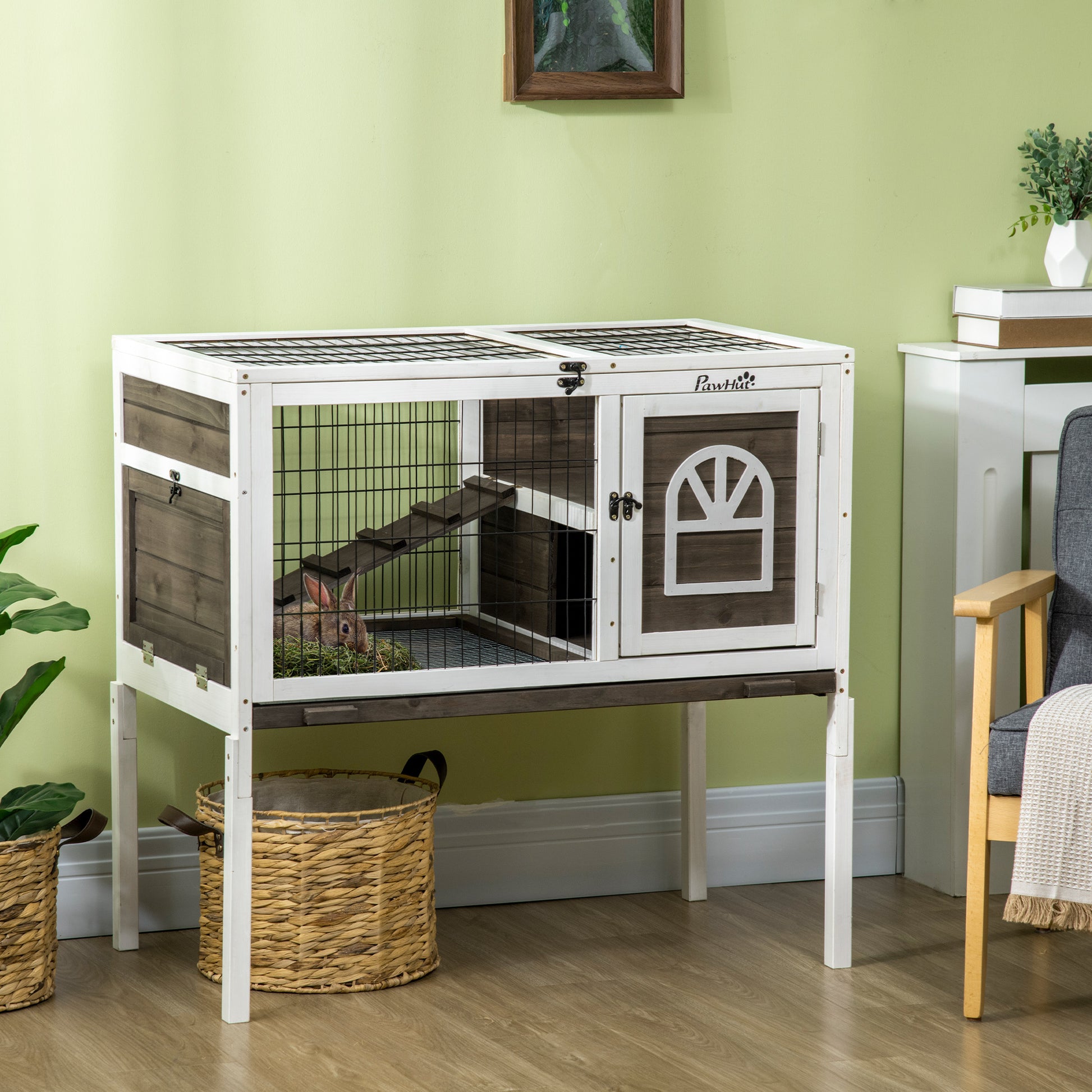 Pawhut Wooden Rabbit Hutch, Indoor Elevated Guinea Pig Cage With Run, Ladder, Lockable Doors And Removable Tray, Coffee Brown Wood