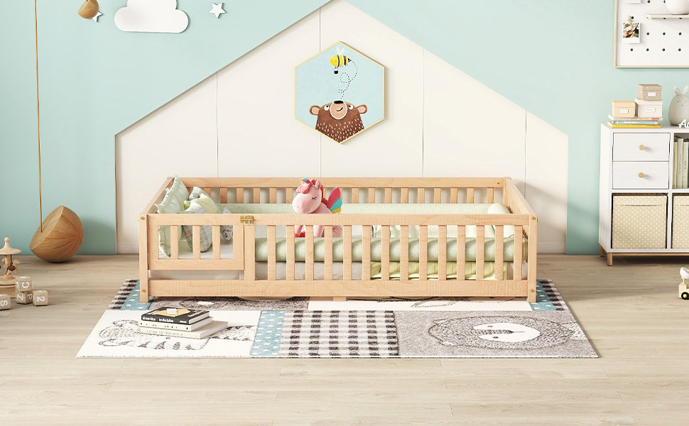 Full Size Bed Floor Bed With Safety Guardrails And Door For Kids, Natural Old Sku: W158090693 Full Natural Pine