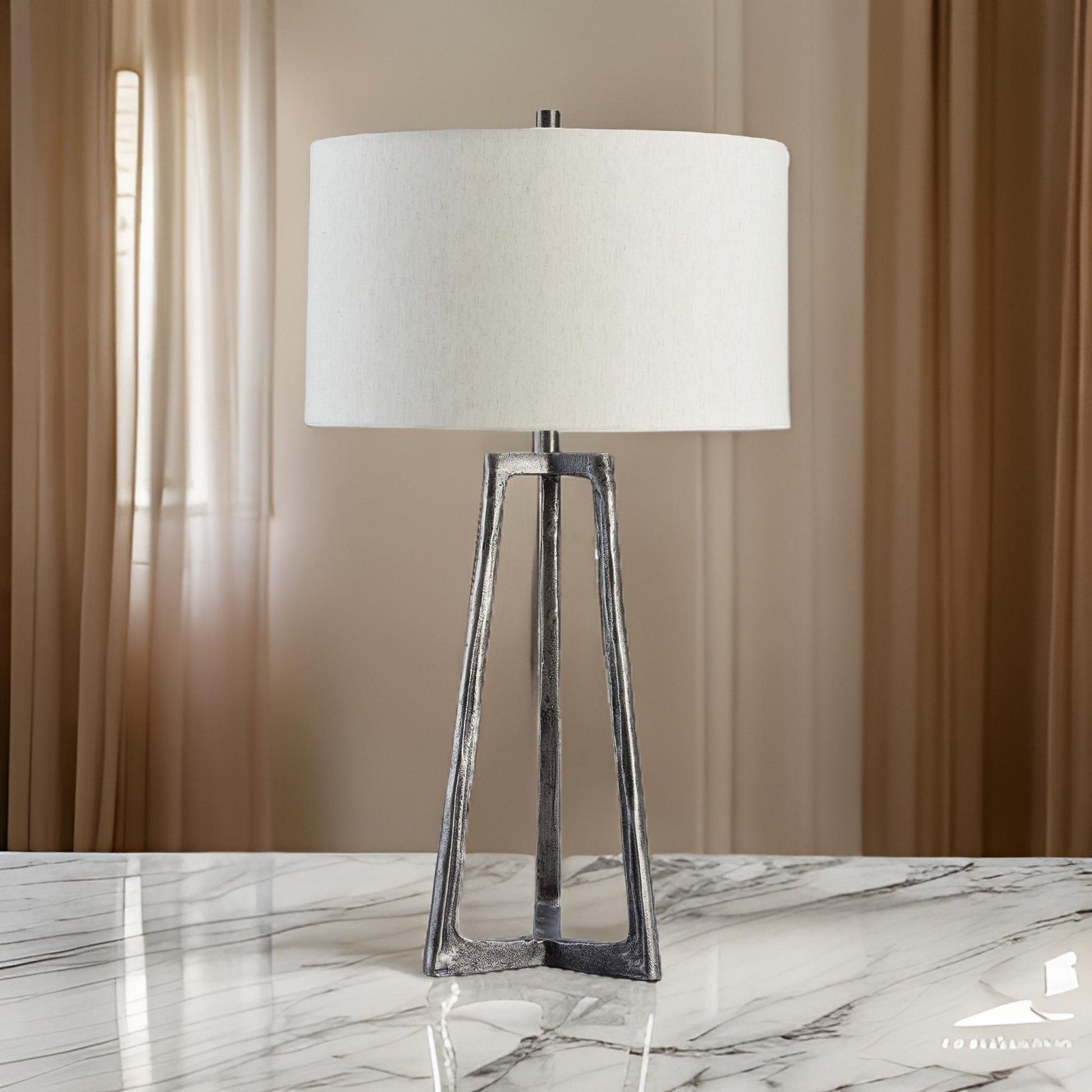 Nila 35 Inch Table Lamp, Pewter Gray Metal Base, 3 Way Switch, Drum Shade Gray Fabric Metal