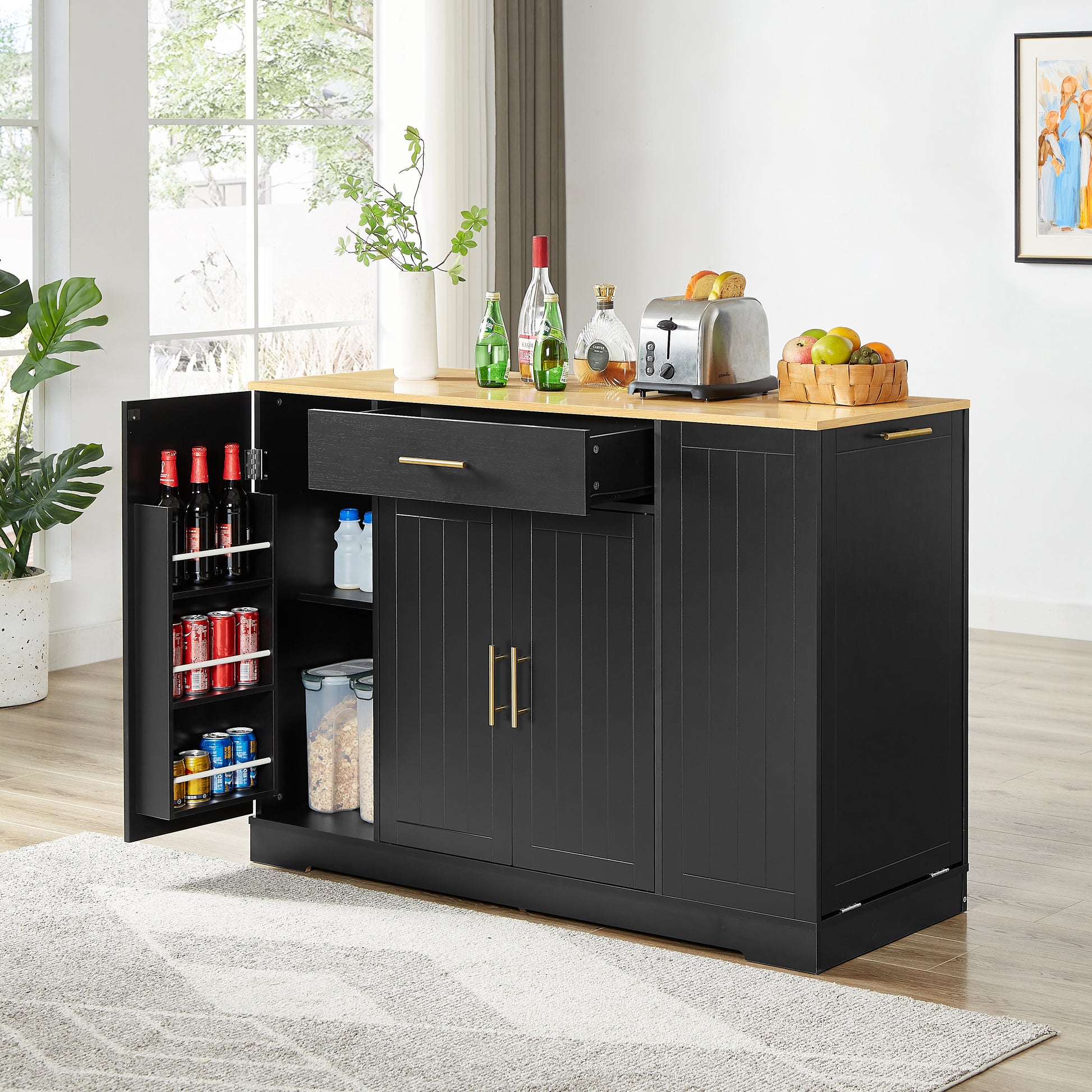 53 Inch Large Kitchen Island With Trash Can Storage Cabinet, Islands Table With Drawer And Adjustable Shelves, Breakfast Bar Cabinet For 13 Gallon Garbage Bin, Black & Oak Black Particle Board