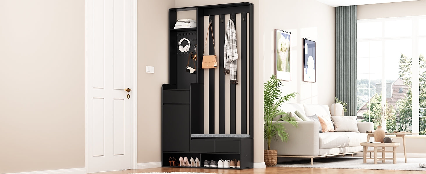 Contemporary 39.3''Wx70.8''H Hall Tree Storage With Cushioned Storage Bench, Multifunctional Hallway Shoe Cabinet With Pegboard, Modern Coat Rack With 4 Hooks For Entryway, Mudroom, Black Black Mdf