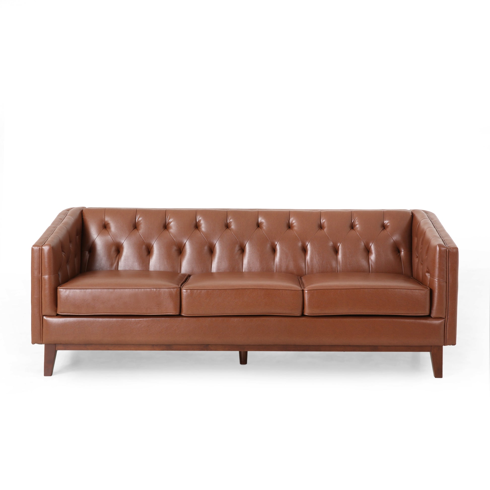 Mirod 81'' Pu Sofa,Tufted Back,Solid Wood Legs,Living Room And Study Light Brown Pu 3 Seat