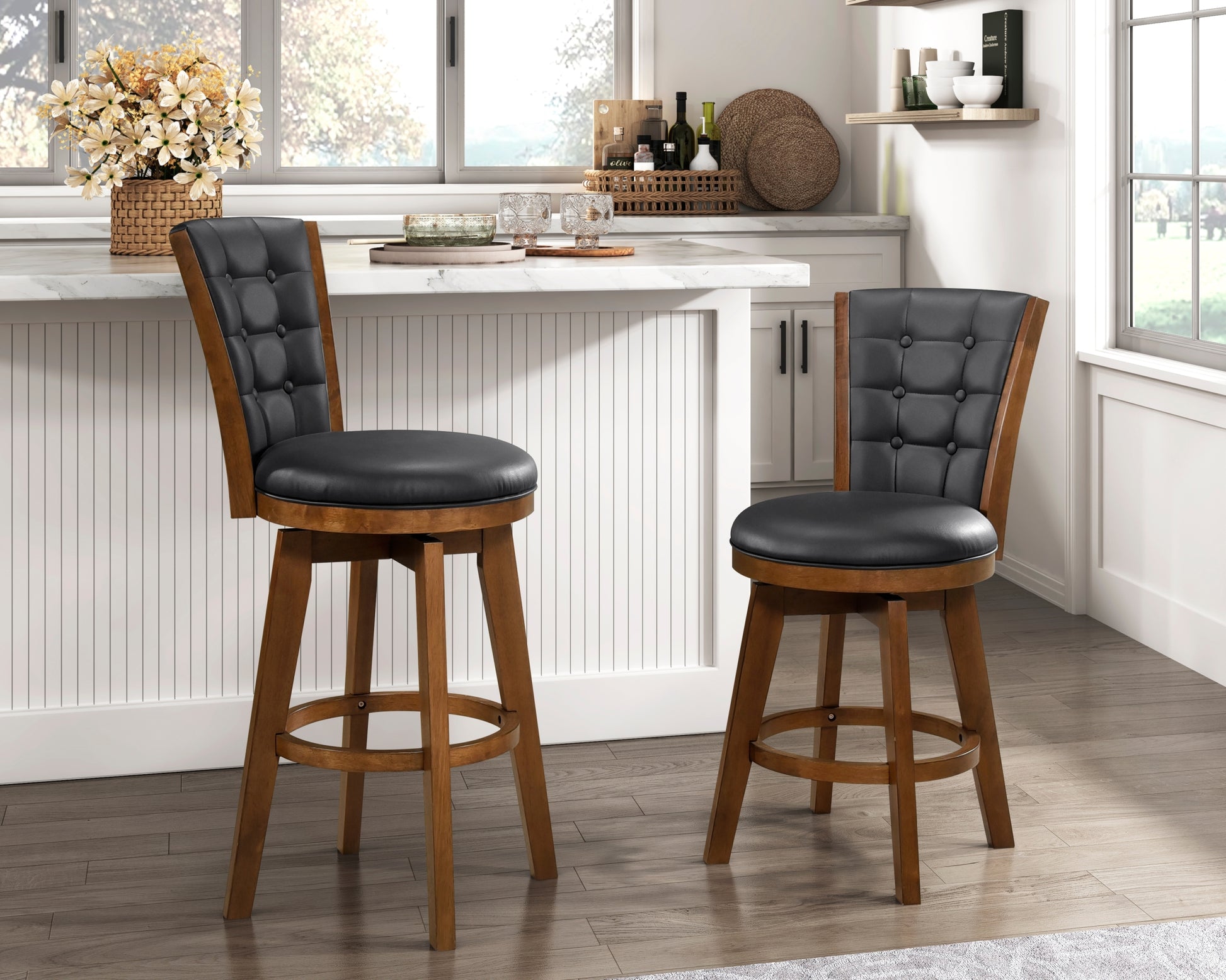 Button Tufted Swivel Bar Chairs Set Of 2, Upholstered Seat And Back Chestnut Finish Solid Wood Furniture Chestnut Dining Room Solid Wood