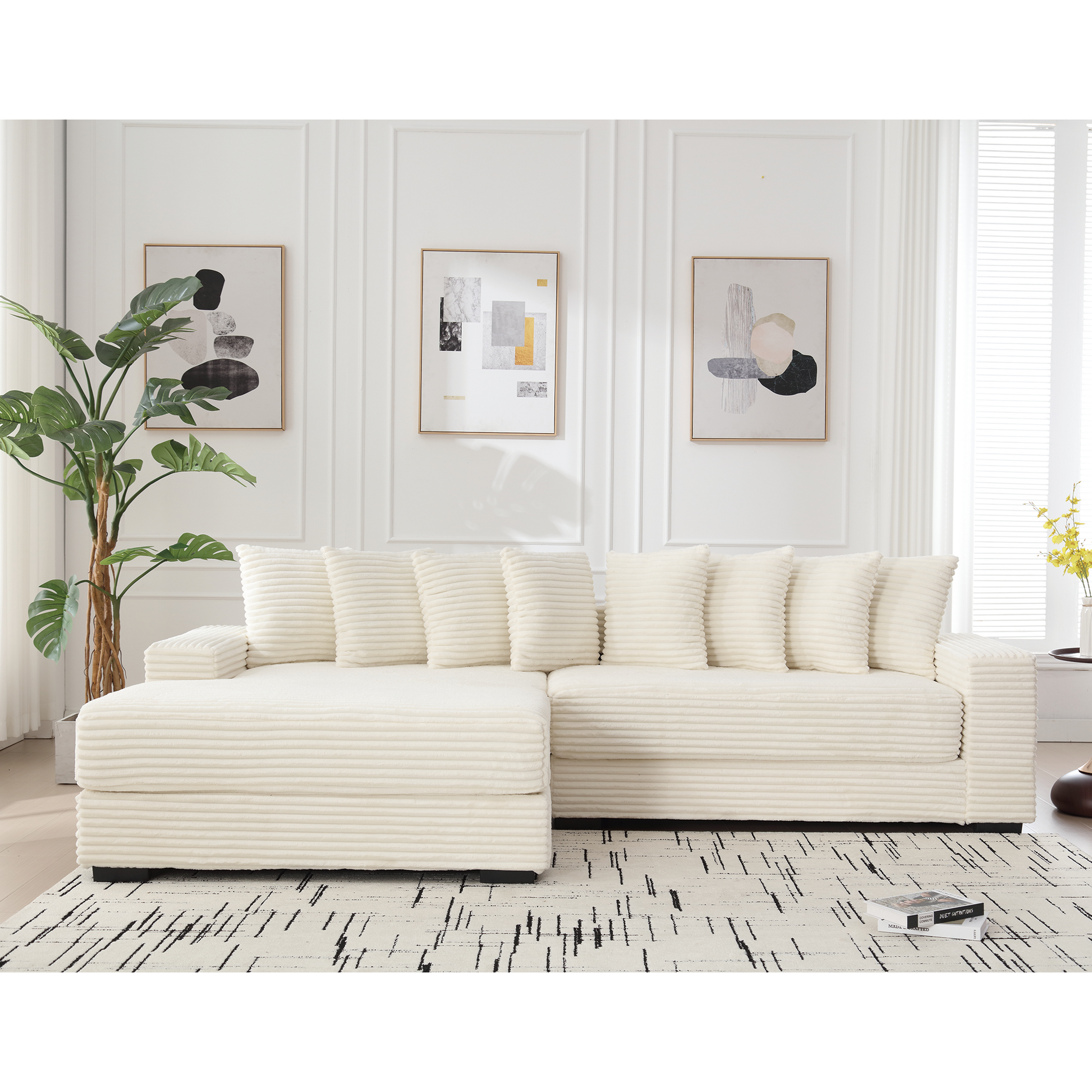 Arrived Oversized Two Piece Couches, L Shaped Sofa, Corduroy, Left Chaise Daybed,With Armrests,Eight Throw Pillows,Corner Sofa,Easy To Assemble, Beige Beige Polyester Wood Primary Living Space Pillow Back Medium Soft Modern Square Arms Wood 3 Seat