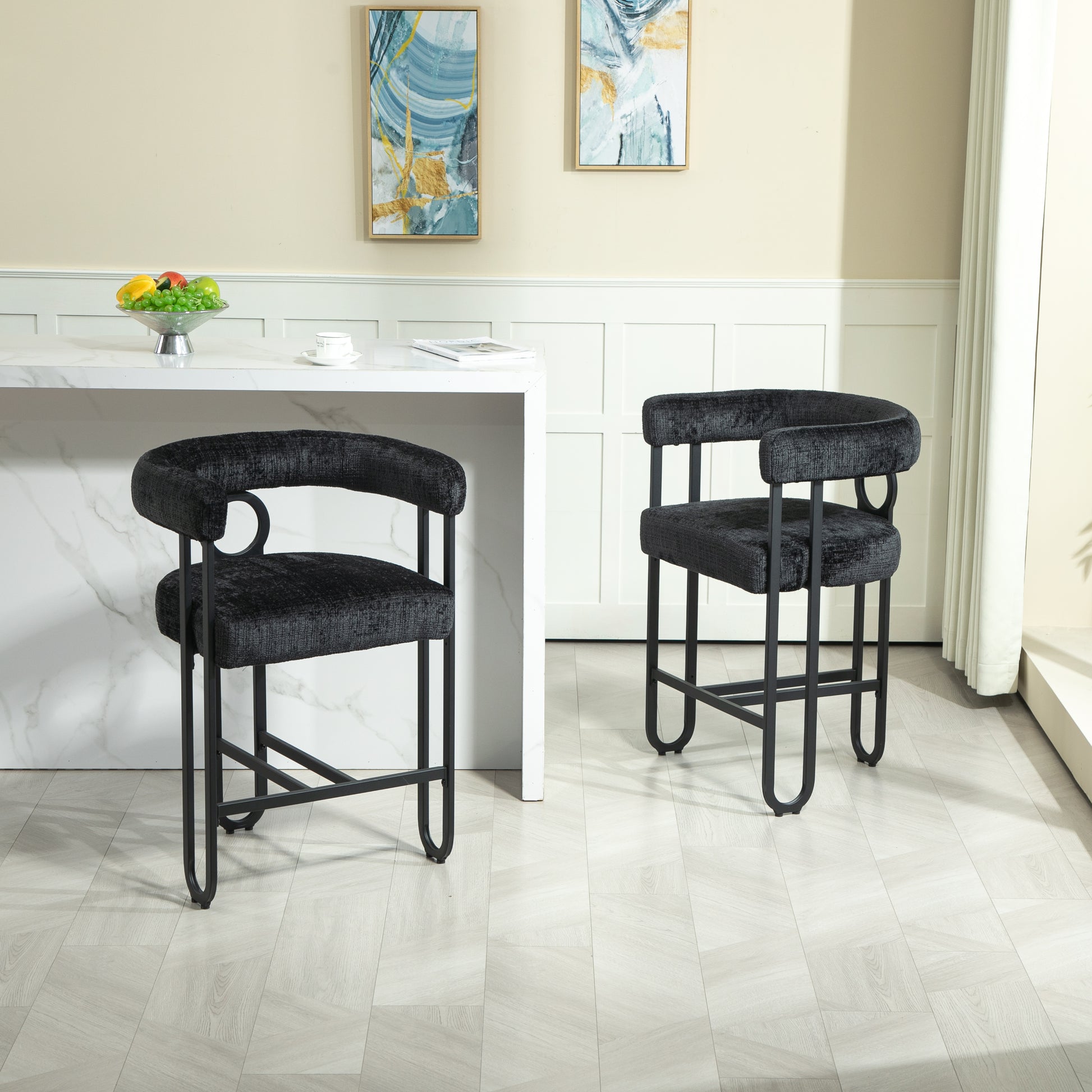 Coolmore Bar Stools Set Of 1, Modern Bar Stool With Back, Black Metal Frames, Upholstered Bar Stools For Kitchen Island, Pub, Club Black Chenille Black Primary Living Space Foam Chenille