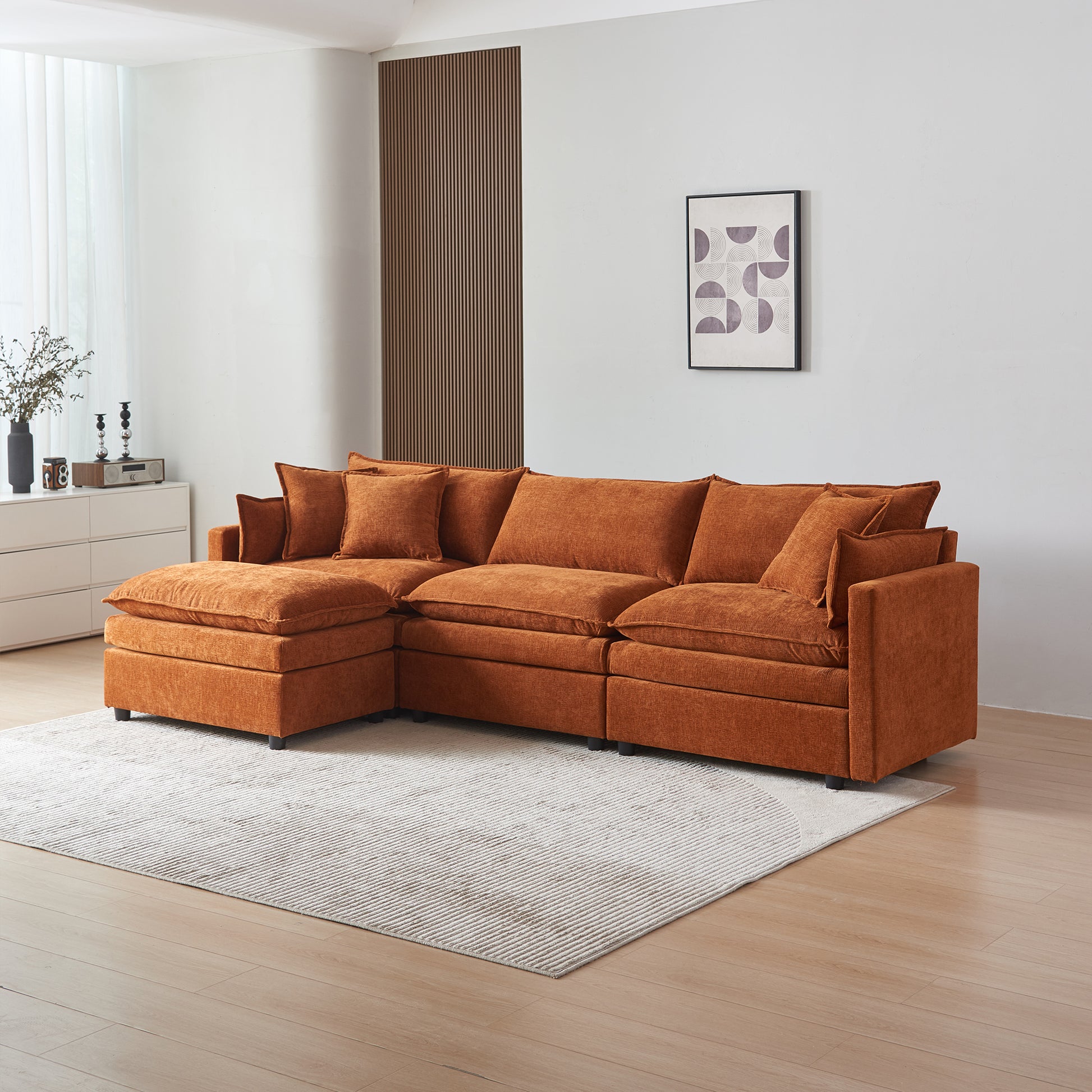 Modular L Shaped Sectional Sofa With Ottoman, Chenille Fabric Sofa Couch, Comfy Upholstered Furniture For Living Room, Apartment, Studio, Office Orange Wood Medium Soft Foam Chenille 4 Seat